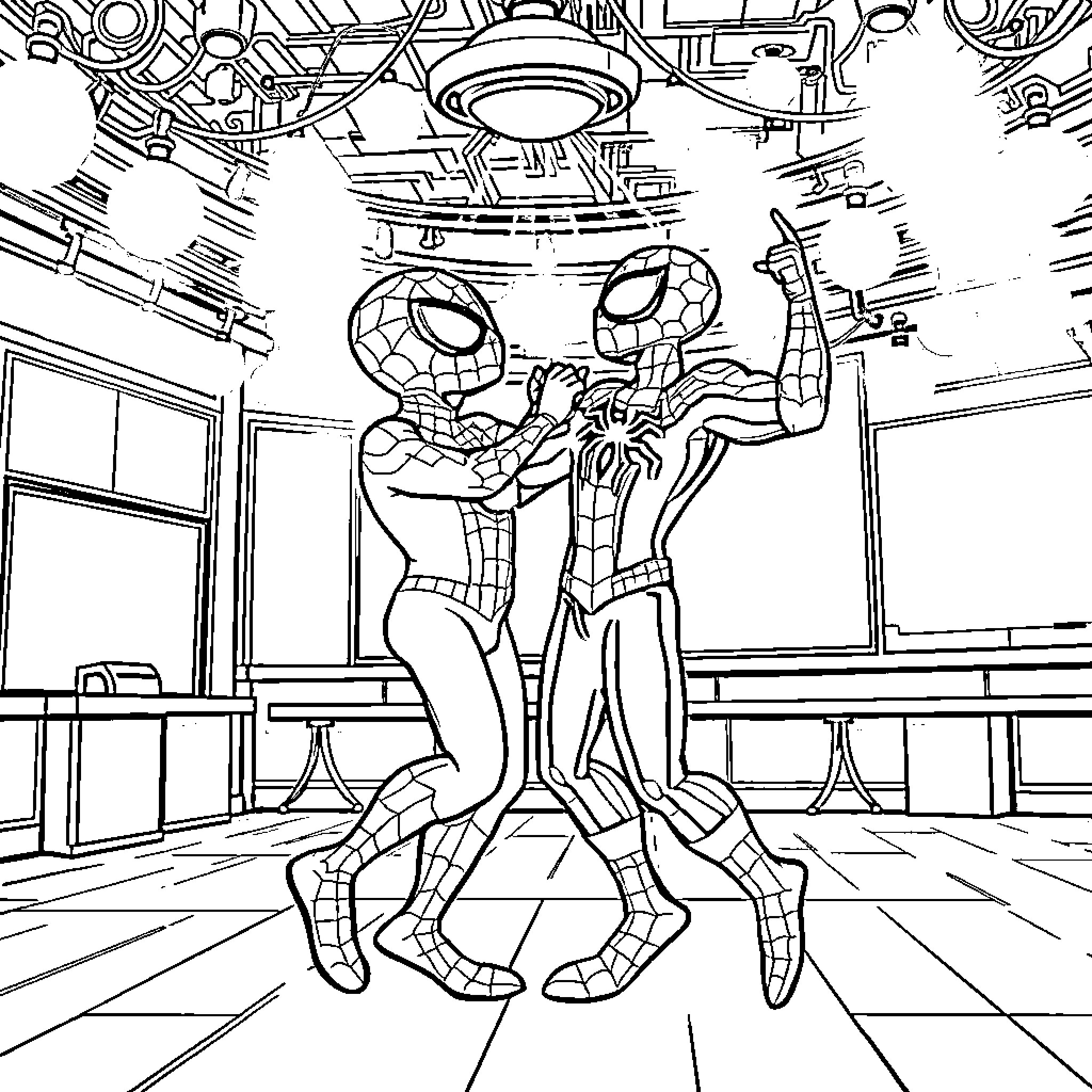 Spidey heroes fighting in high-tech lab Coloring Page (free black-and-white line drawing printable PDF for all, from beginners to advanced learners, including children, teens, adults, and seniors)