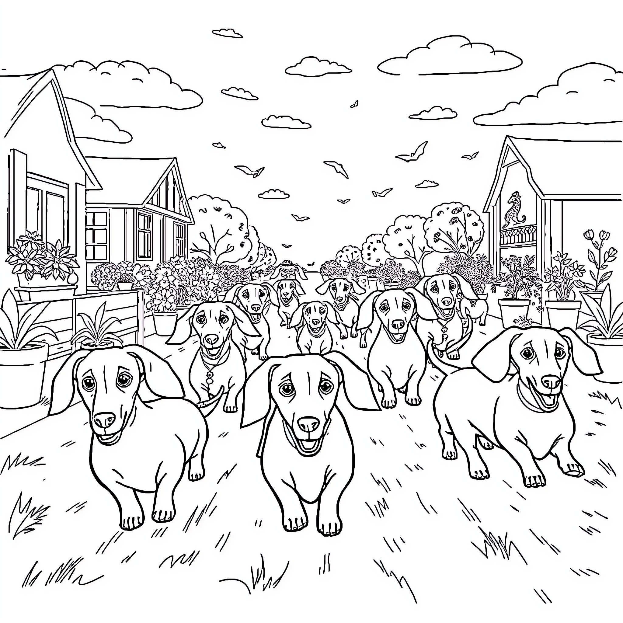 Dachshunds playing joyfully in a charming countryside setting Coloring Page (free black-and-white line drawing printable PDF for all, from beginners to advanced learners, including children, teens, adults, and seniors)