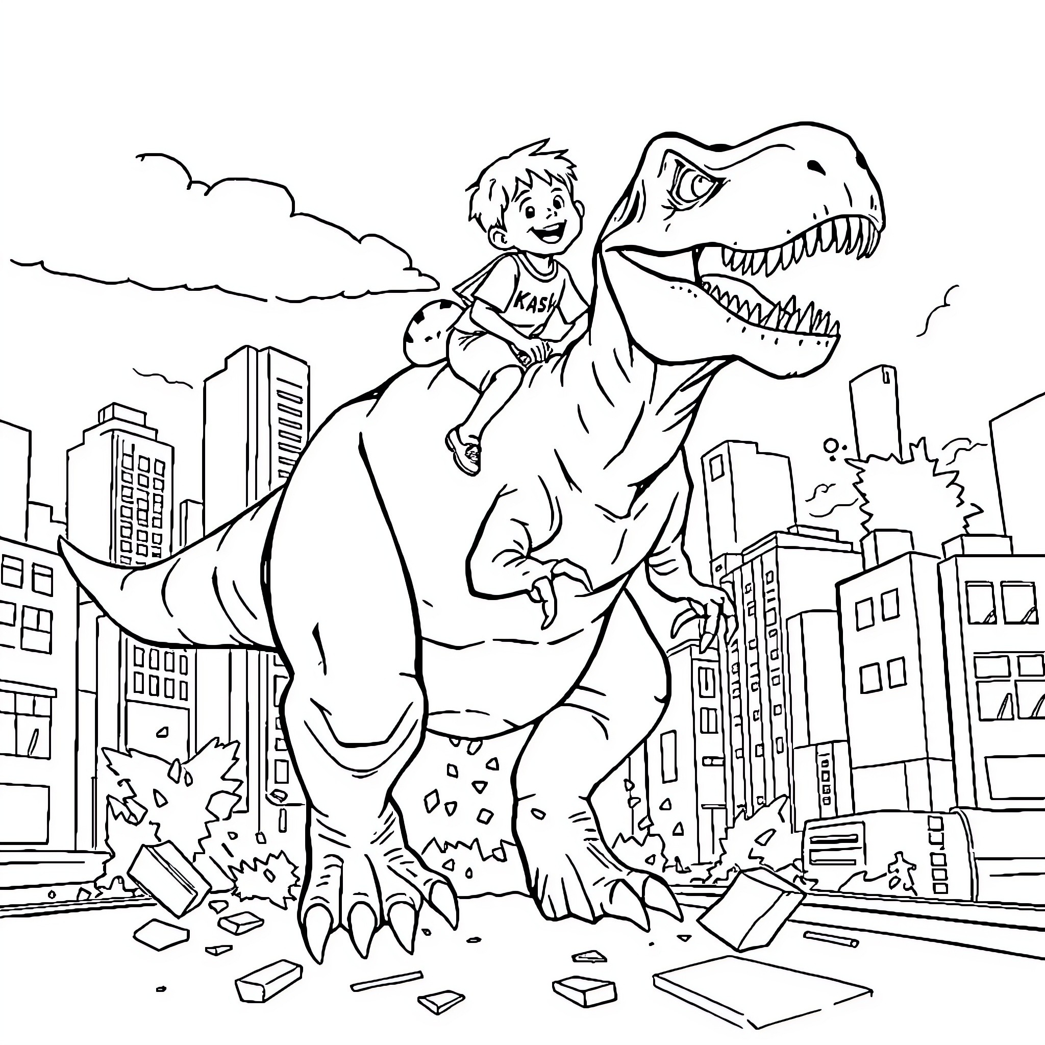 T-Rex chasing a boy through the city Coloring Page (free black-and-white line drawing printable PDF for all, from beginners to advanced learners, including children, teens, adults, and seniors)