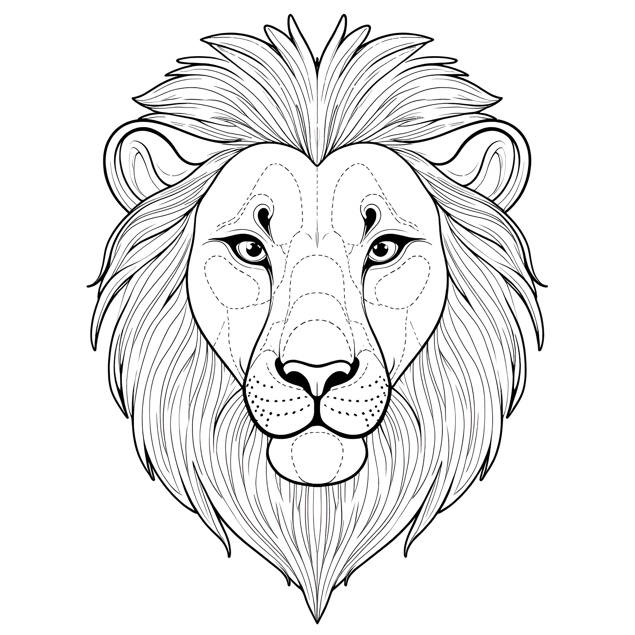 Lion with detailed facial features and flowing mane Coloring Page (free black-and-white line drawing printable PDF for all, from beginners to advanced learners, including children, teens, adults, and seniors)