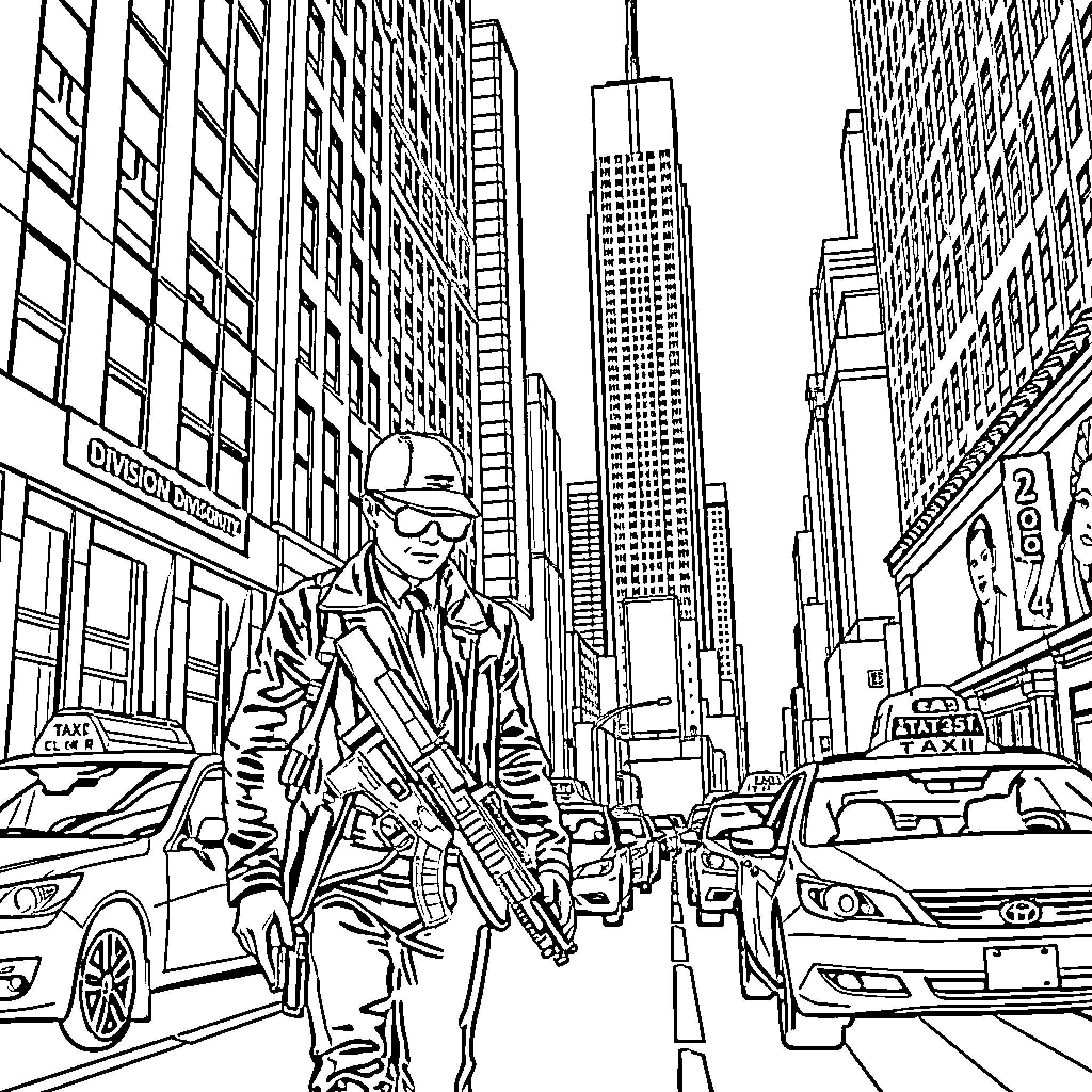 Agent Navigates Bustling City Street Coloring Page (free black-and-white line drawing printable PDF for all, from beginners to advanced learners, including children, teens, adults, and seniors)