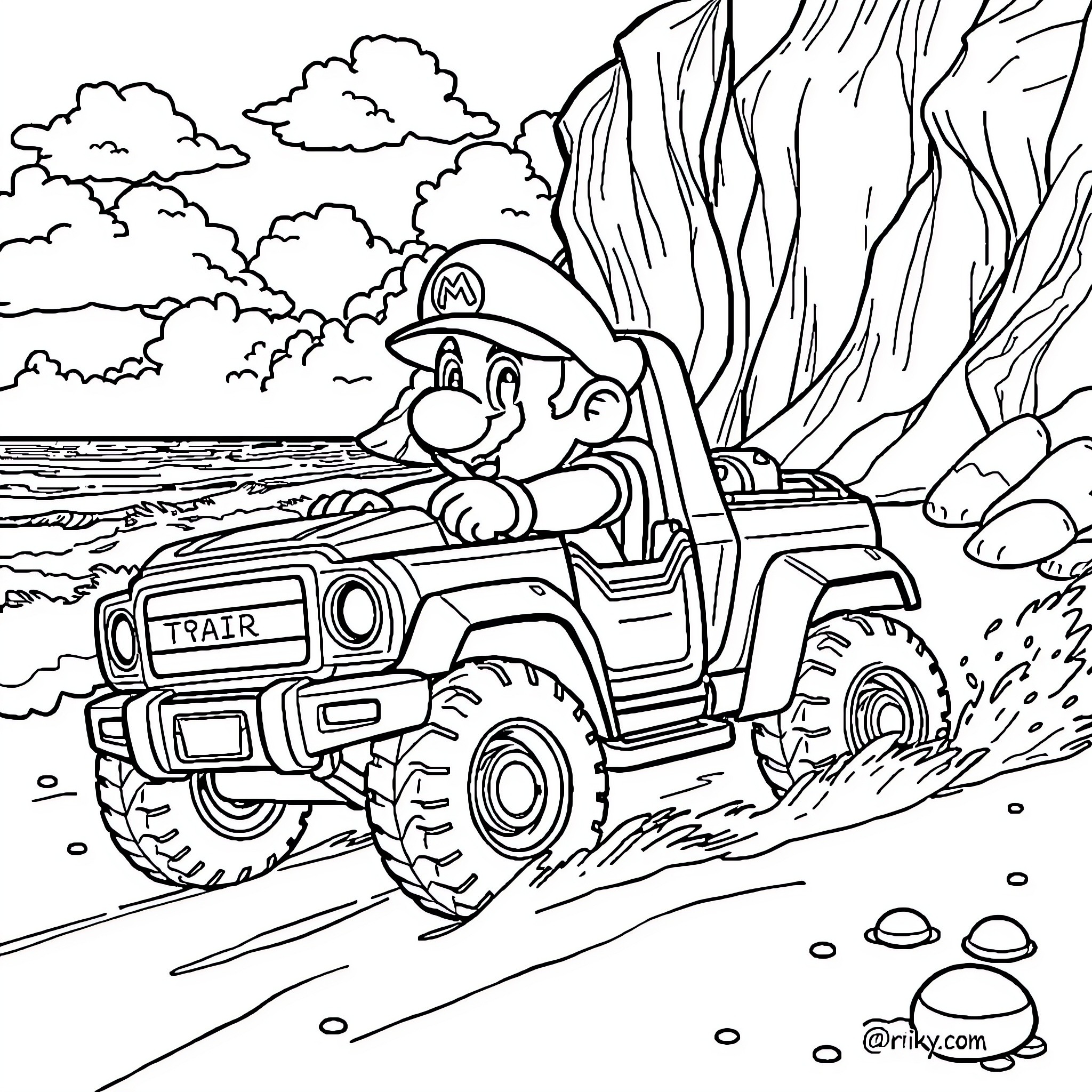Mario on an Off-Road Adventure Coloring Page (free black-and-white line drawing printable PDF for all, from beginners to advanced learners, including children, teens, adults, and seniors)