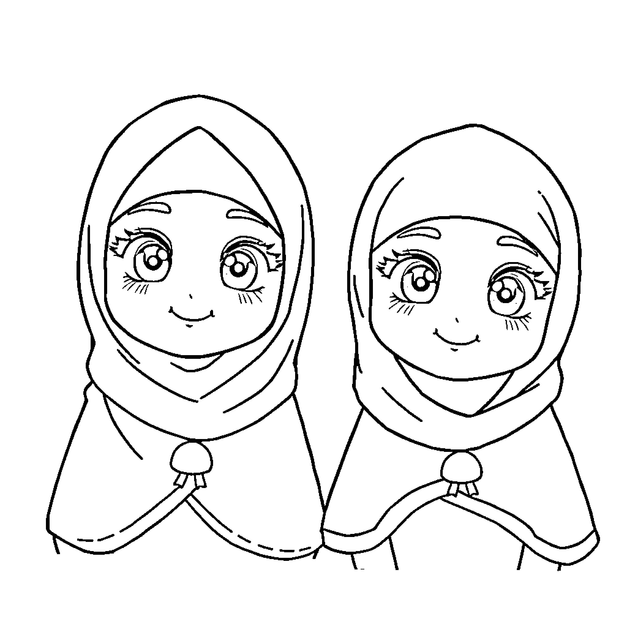 Hijaber friends enjoying quality time together Coloring Page (free black-and-white line drawing printable PDF for all, from beginners to advanced learners, including children, teens, adults, and seniors)