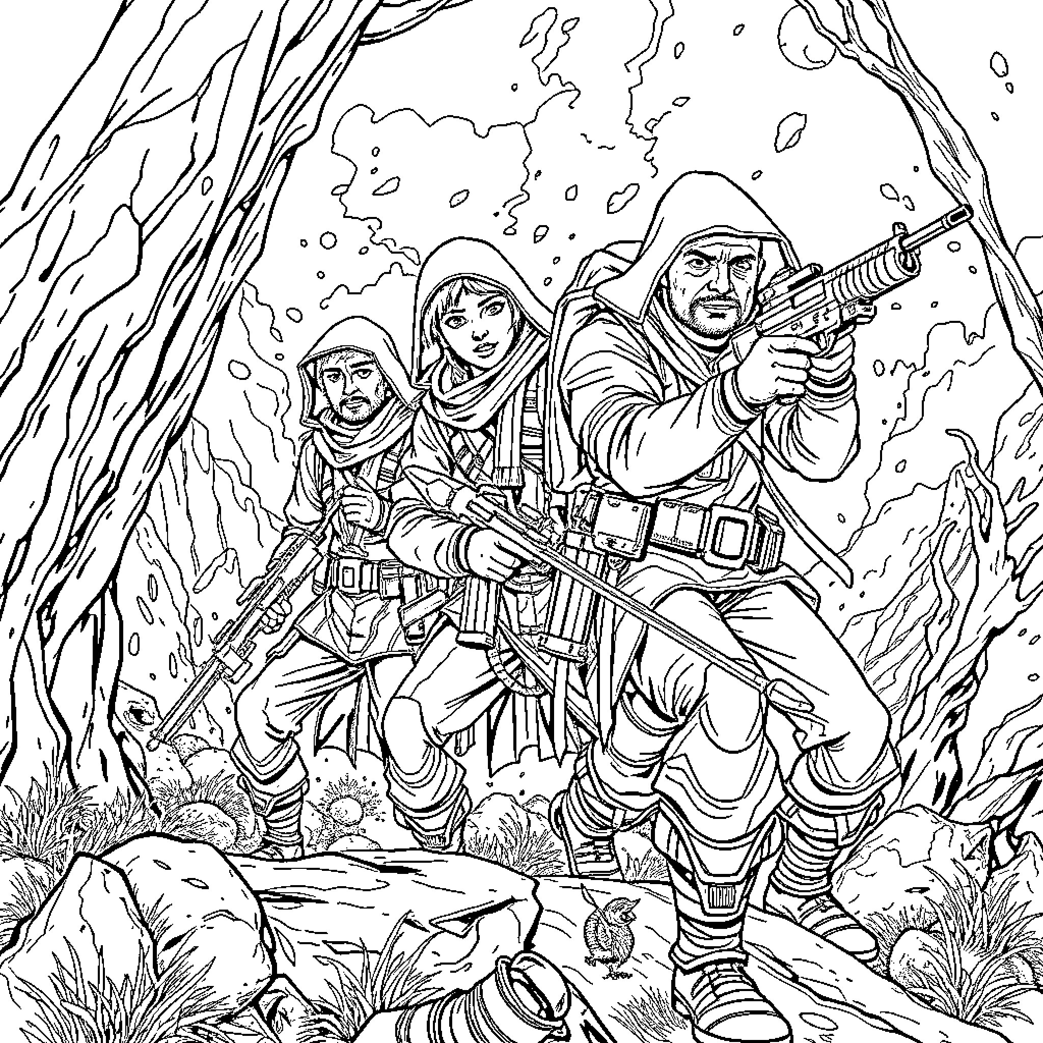 Huntrix: Commandos in Perilous Operation Coloring Page (free black-and-white line drawing printable PDF for all, from beginners to advanced learners, including children, teens, adults, and seniors)