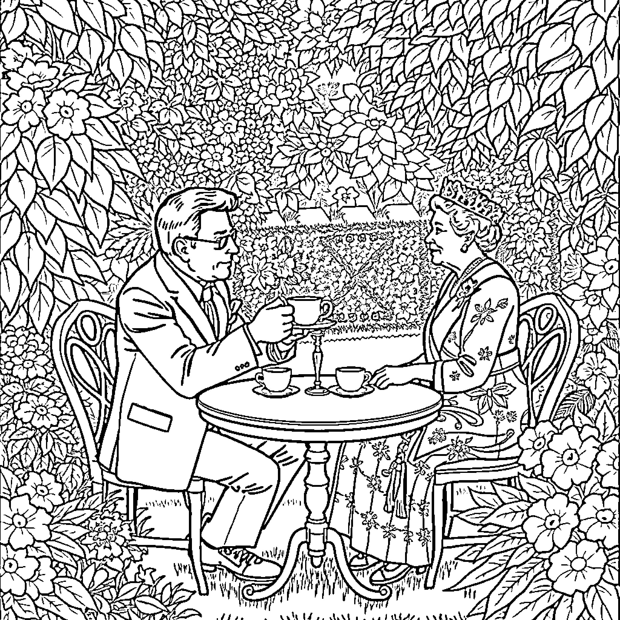 David Rose enjoying a cup of tea with a companion Coloring Page (free black-and-white line drawing printable PDF for all, from beginners to advanced learners, including children, teens, adults, and seniors)