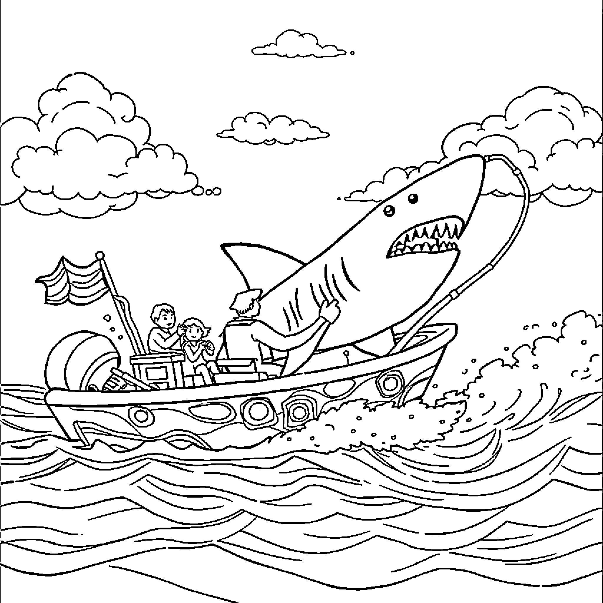Shark attacking boat with people Coloring Page (free black-and-white line drawing printable PDF for all, from beginners to advanced learners, including children, teens, adults, and seniors)