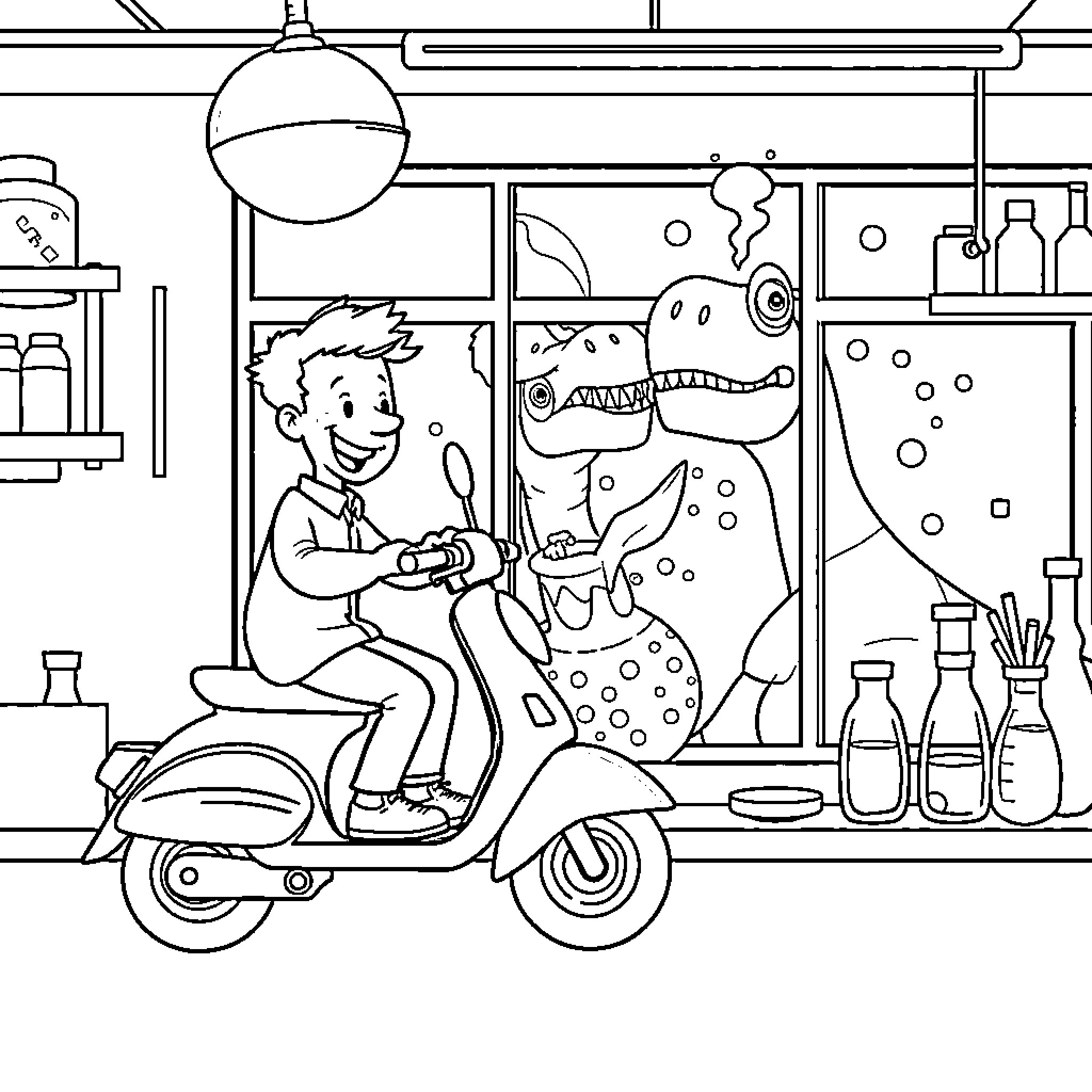 Mr Scott's Quirky Scooter Ride with Pet Monster Coloring Page (free black-and-white line drawing printable PDF for all, from beginners to advanced learners, including children, teens, adults, and seniors)