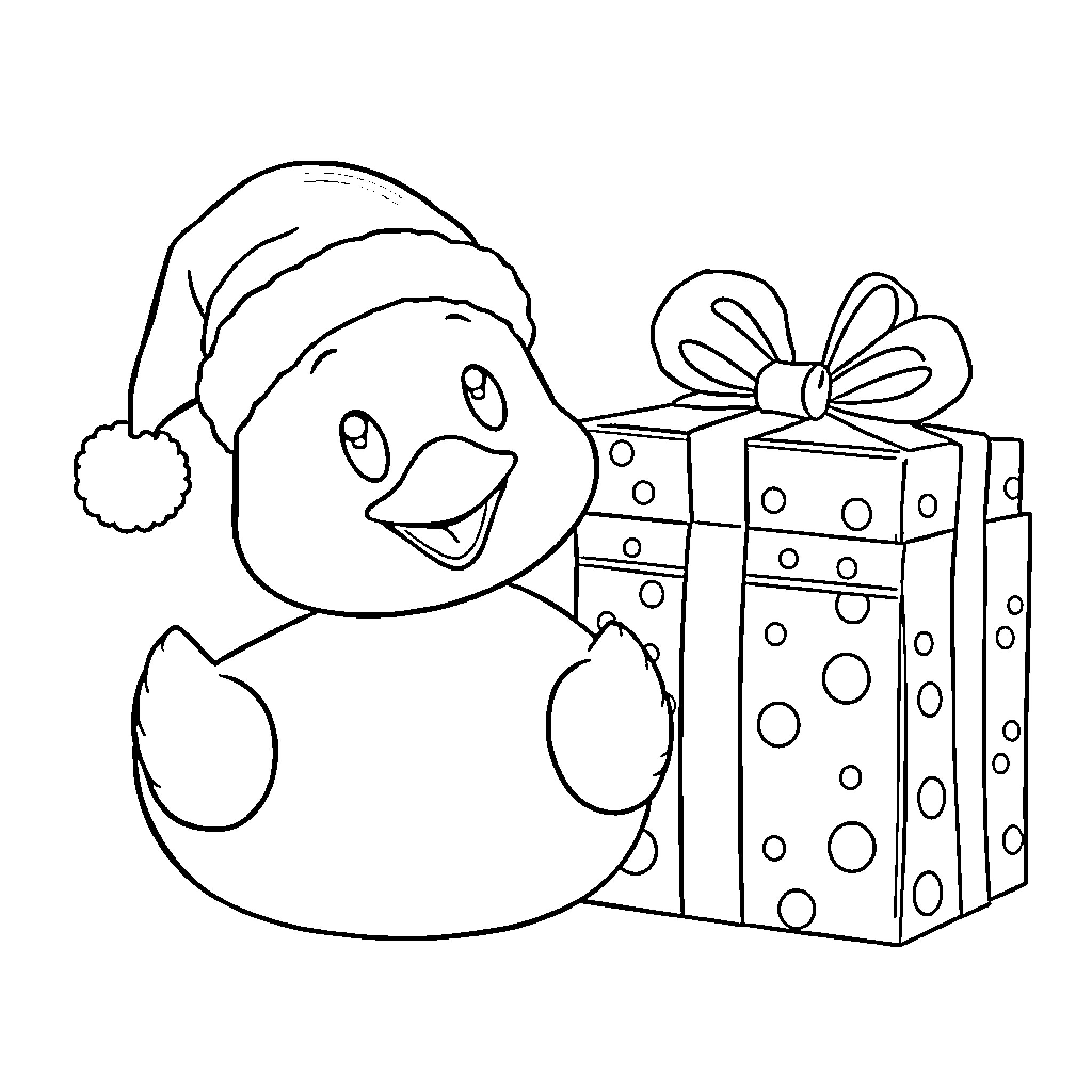 Rubber Duck holding holiday gift box Coloring Page (free black-and-white line drawing printable PDF for all, from beginners to advanced learners, including children, teens, adults, and seniors)