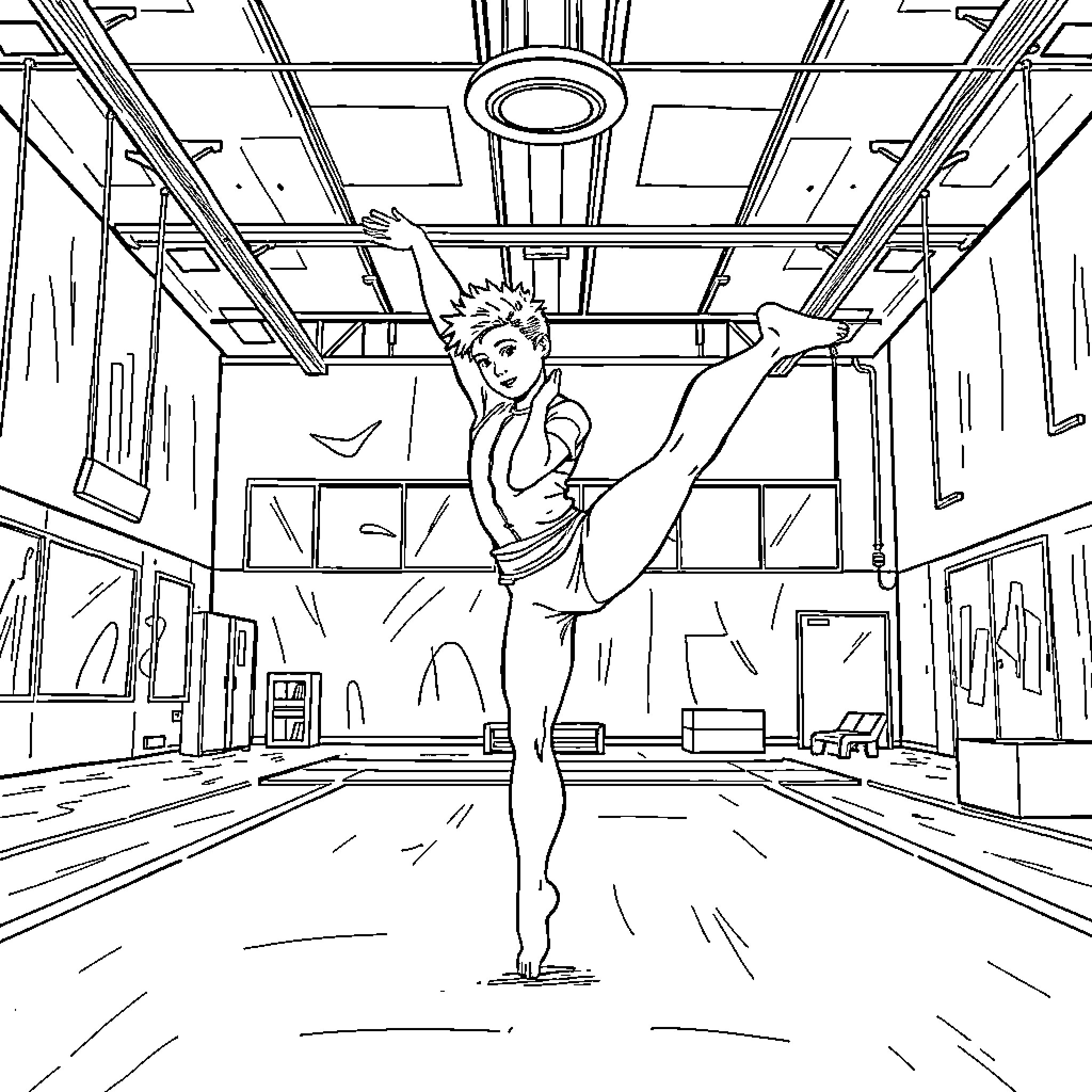 Anton Piñón practicing ballet in the studio Coloring Page (free black-and-white line drawing printable PDF for all, from beginners to advanced learners, including children, teens, adults, and seniors)