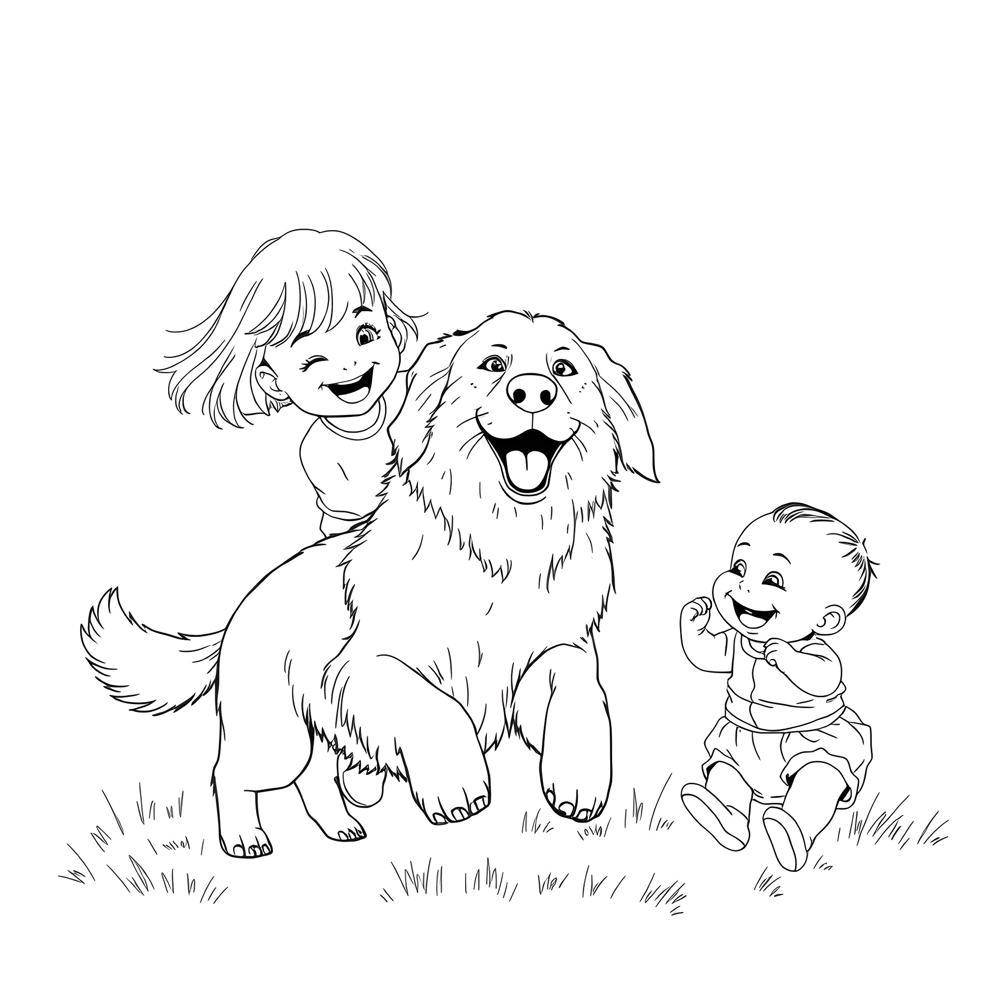 Golden Retriever playing with children in the park Coloring Page (free black-and-white line drawing printable PDF for all, from beginners to advanced learners, including children, teens, adults, and seniors)