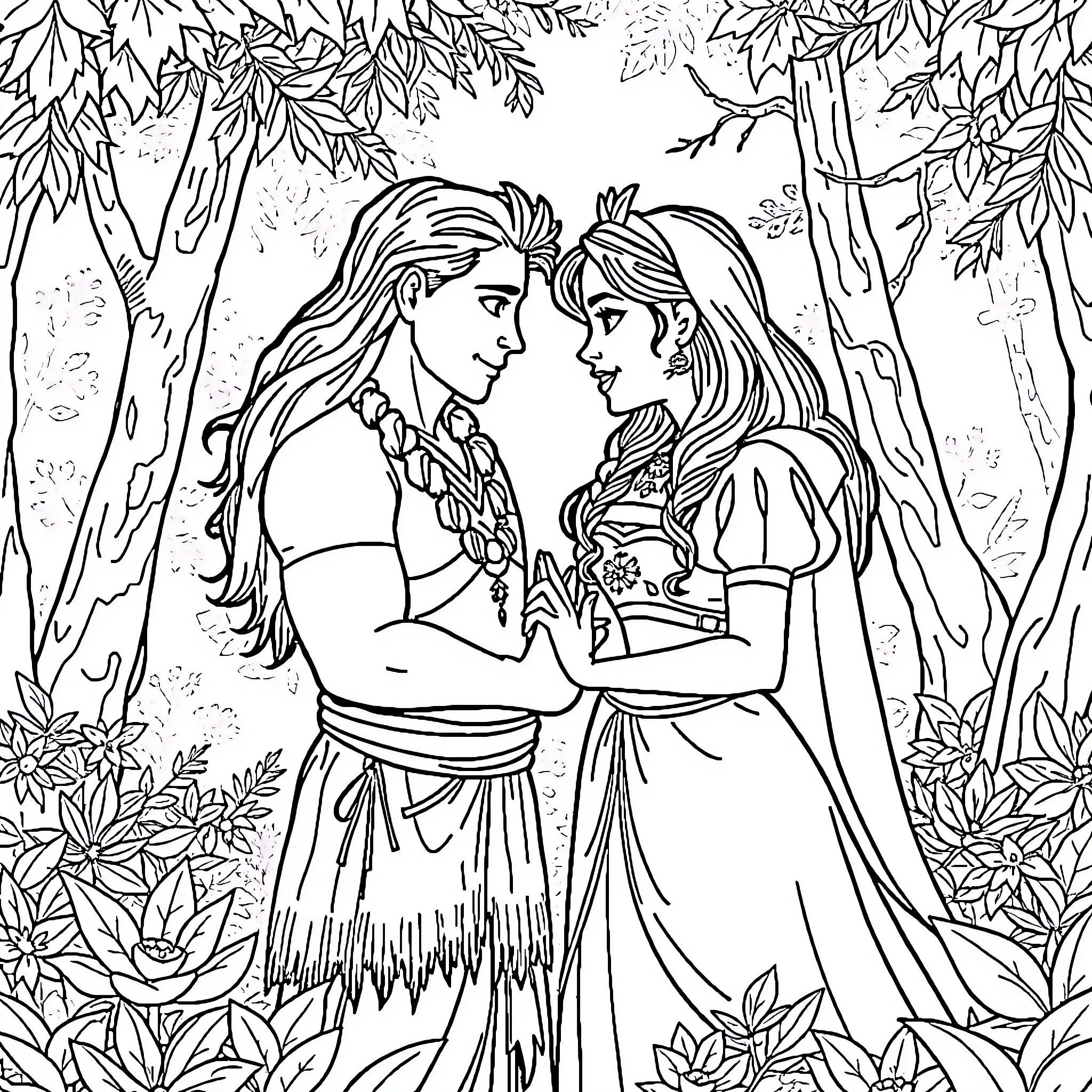 Moana and Sina sharing a loving moment in the forest Coloring Page (free black-and-white line drawing printable PDF for all, from beginners to advanced learners, including children, teens, adults, and seniors)