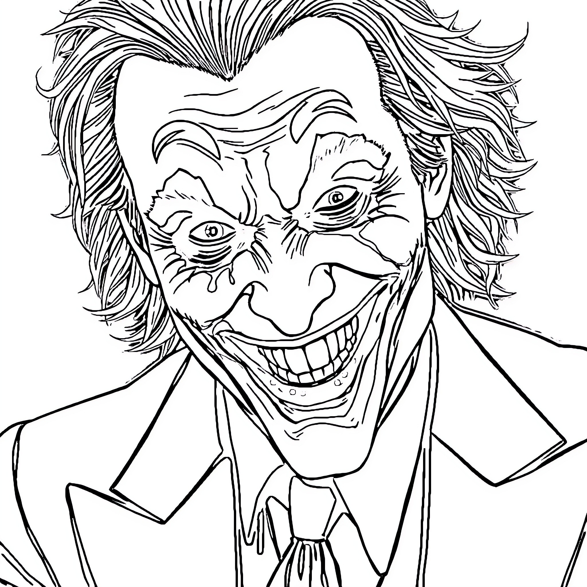 Joker's Maniacal Grin and Eccentric Appearance Coloring Page (free black-and-white line drawing printable PDF for all, from beginners to advanced learners, including children, teens, adults, and seniors)