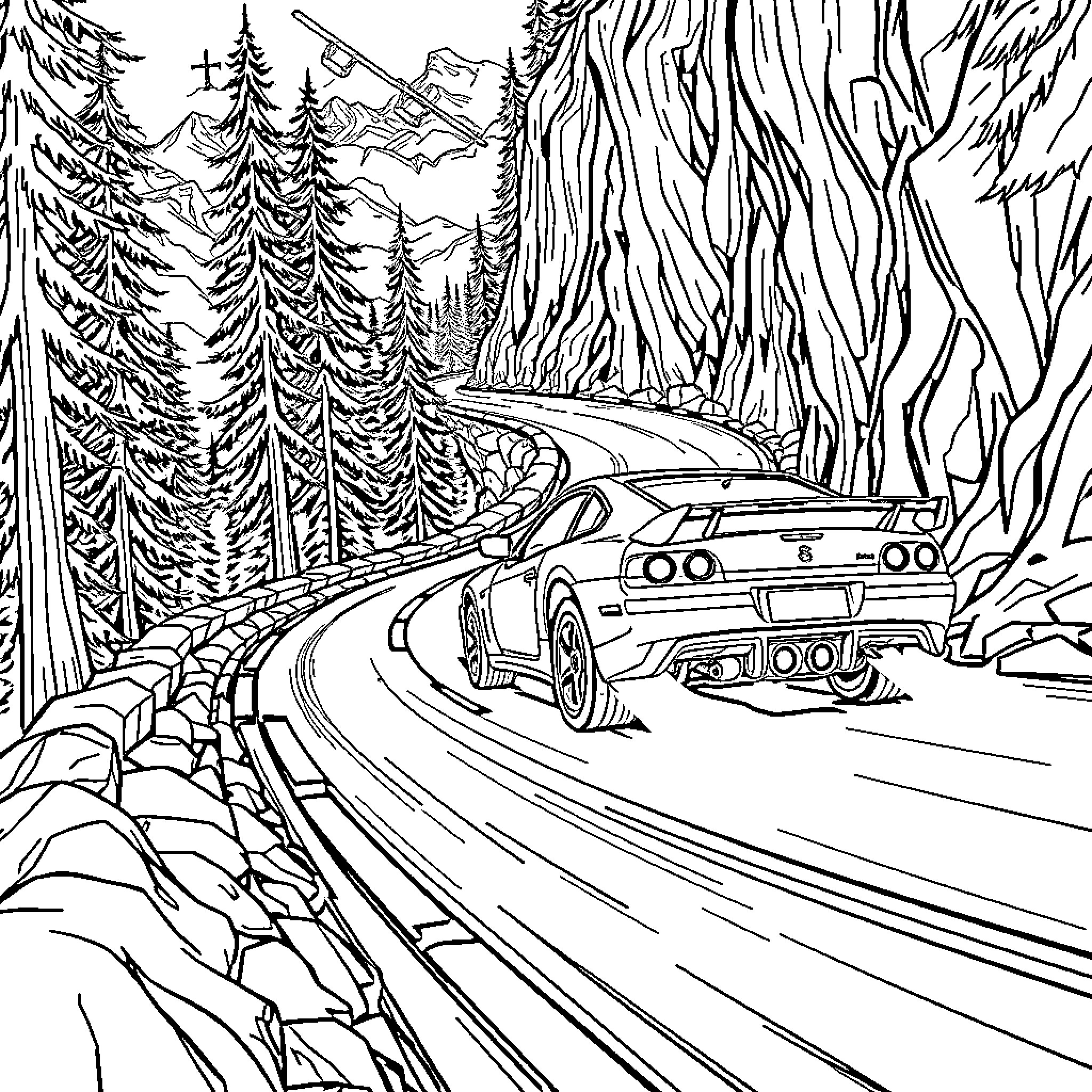 Car racing through winding forest road Coloring Page (free black-and-white line drawing printable PDF for all, from beginners to advanced learners, including children, teens, adults, and seniors)