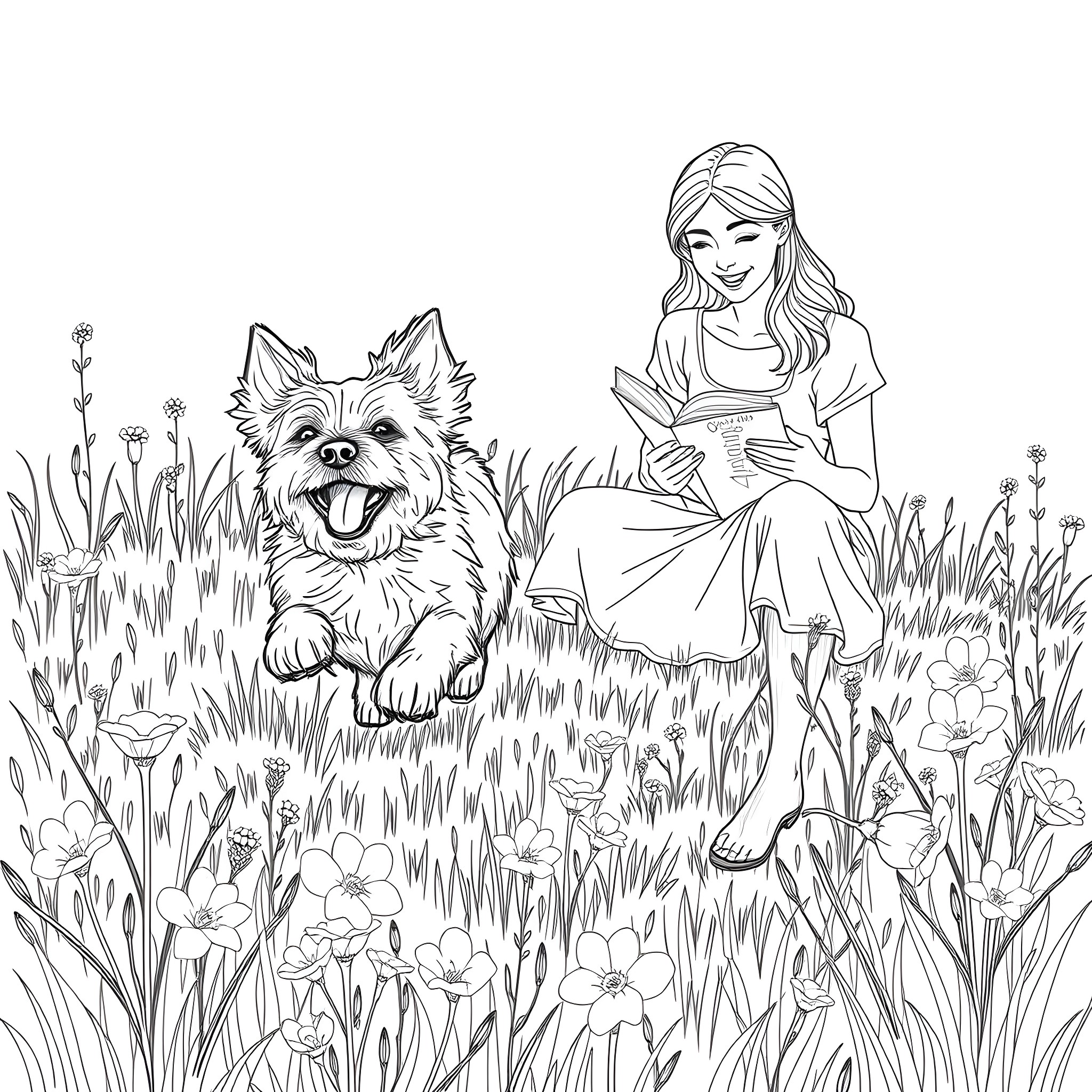Dog playing joyfully with a woman in a garden Coloring Page (free black-and-white line drawing printable PDF for all, from beginners to advanced learners, including children, teens, adults, and seniors)