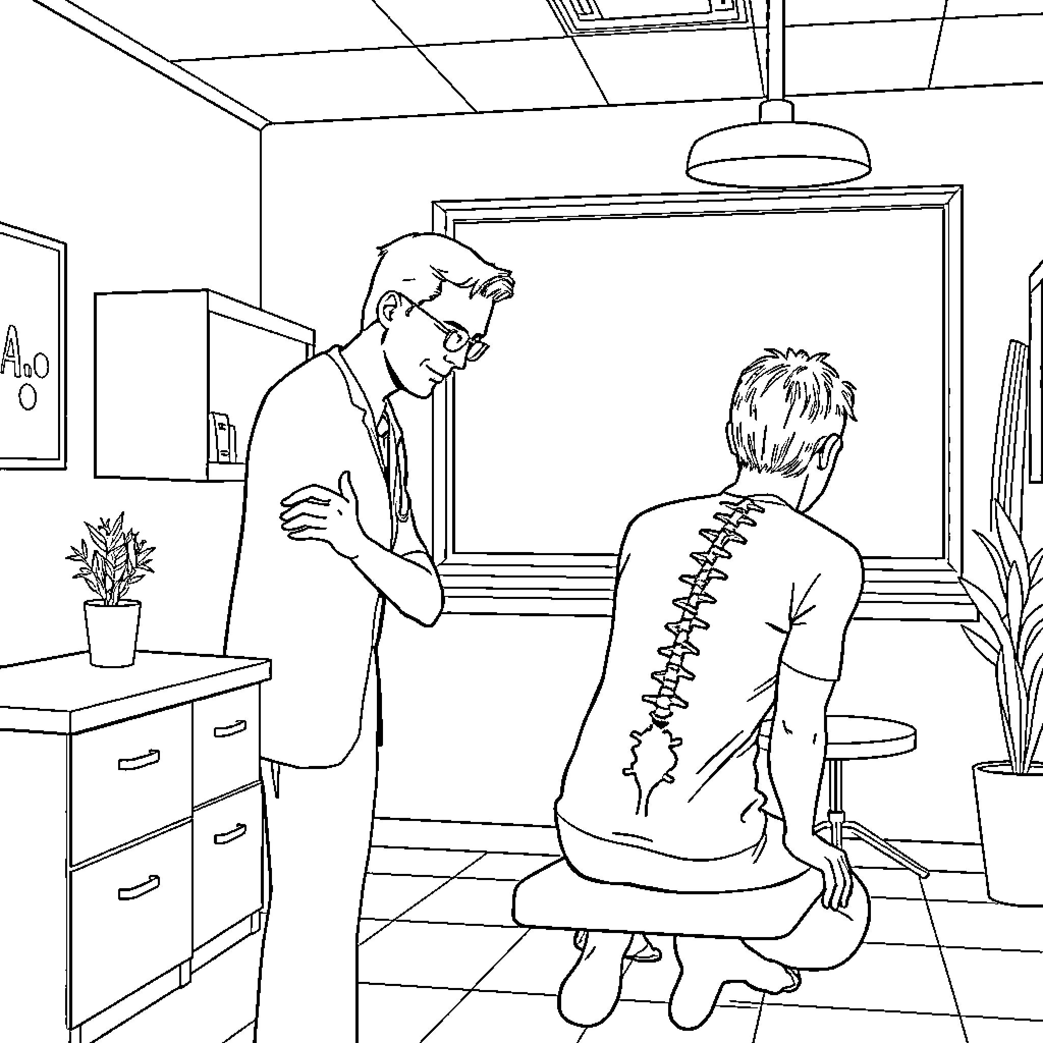 Chiropractic Consultation in an Examination Room Coloring Page (free black-and-white line drawing printable PDF for all, from beginners to advanced learners, including children, teens, adults, and seniors)
