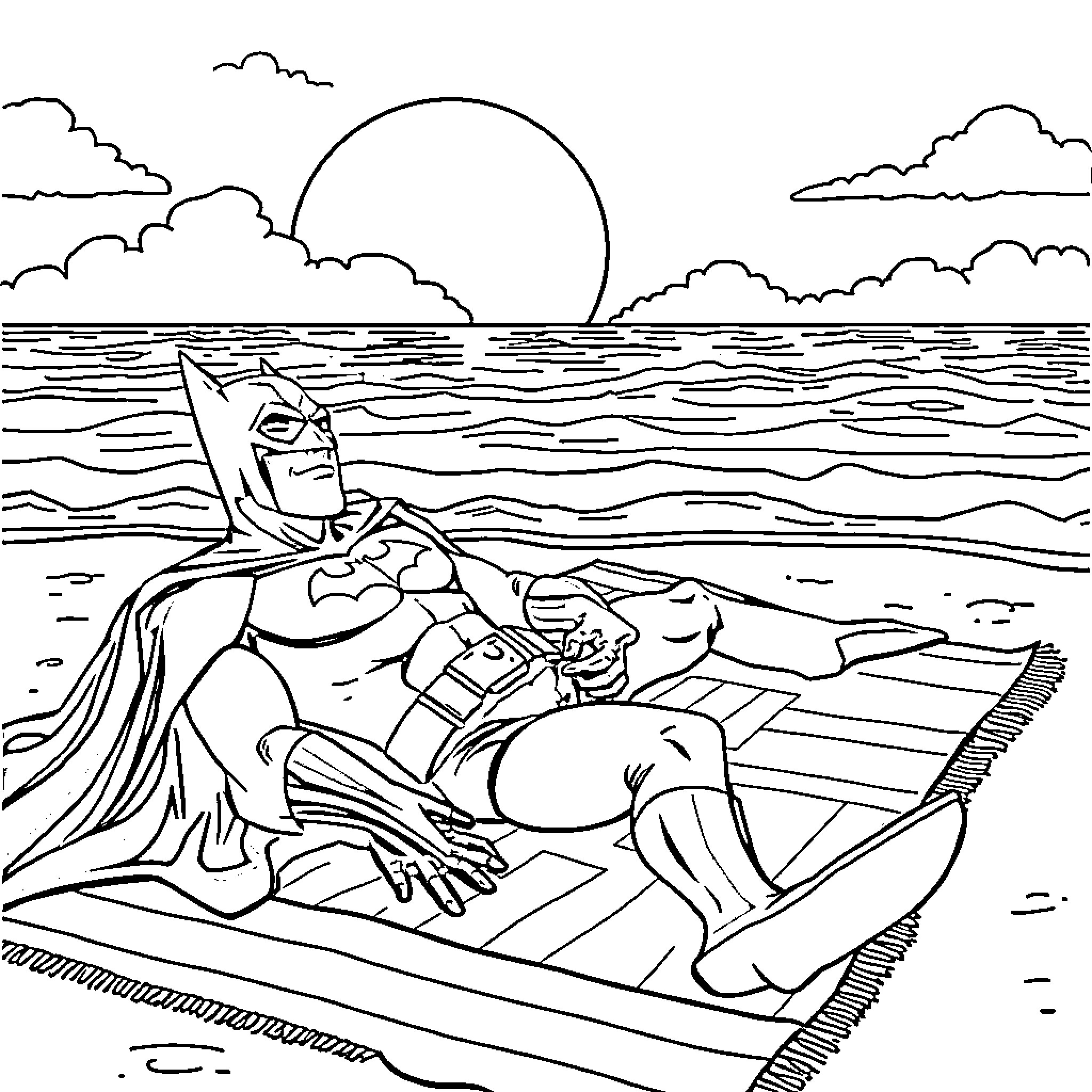 Batman relaxing by the ocean on a raft Coloring Page (free black-and-white line drawing printable PDF for all, from beginners to advanced learners, including children, teens, adults, and seniors)