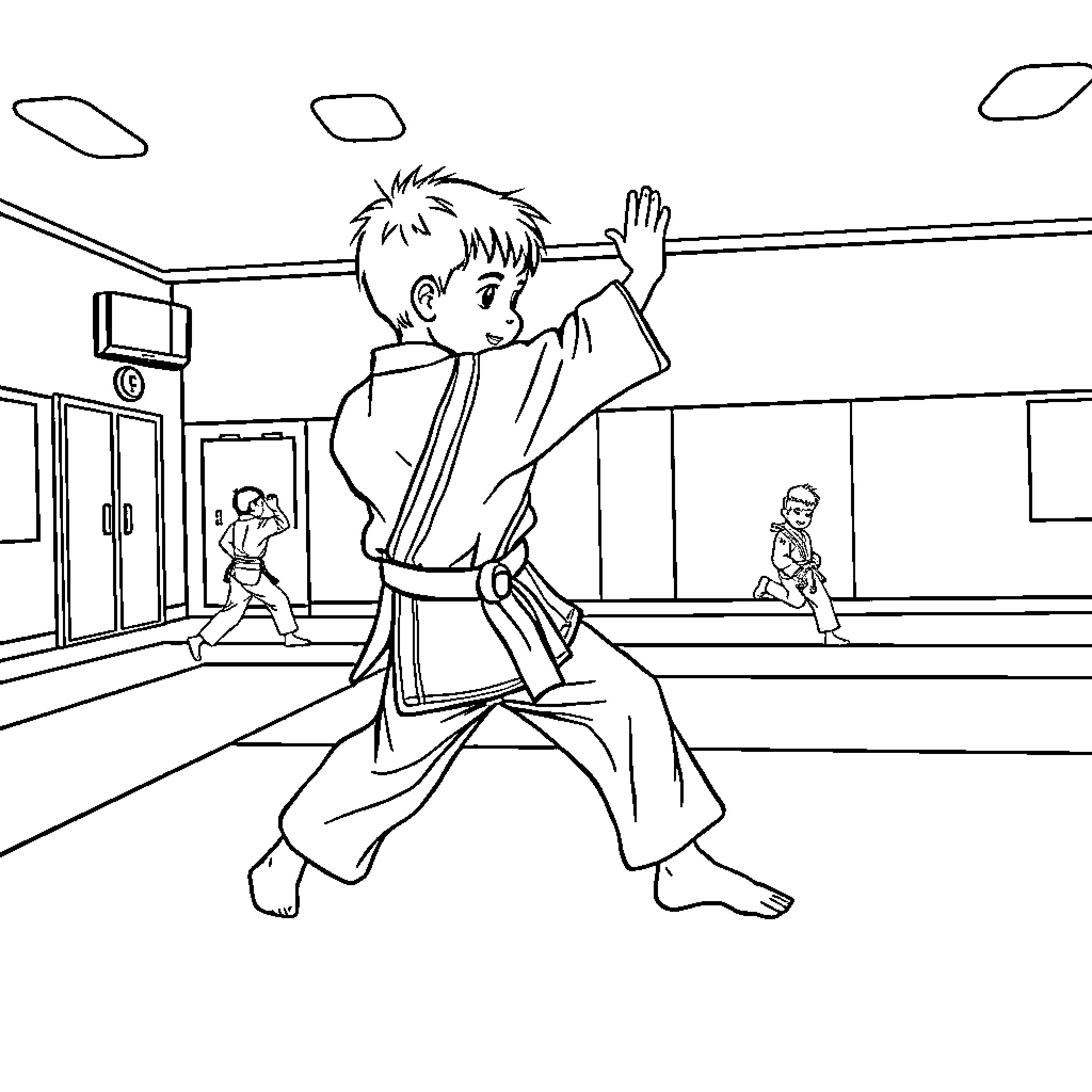Judo training session in the dojo Coloring Page (free black-and-white line drawing printable PDF for all, from beginners to advanced learners, including children, teens, adults, and seniors)