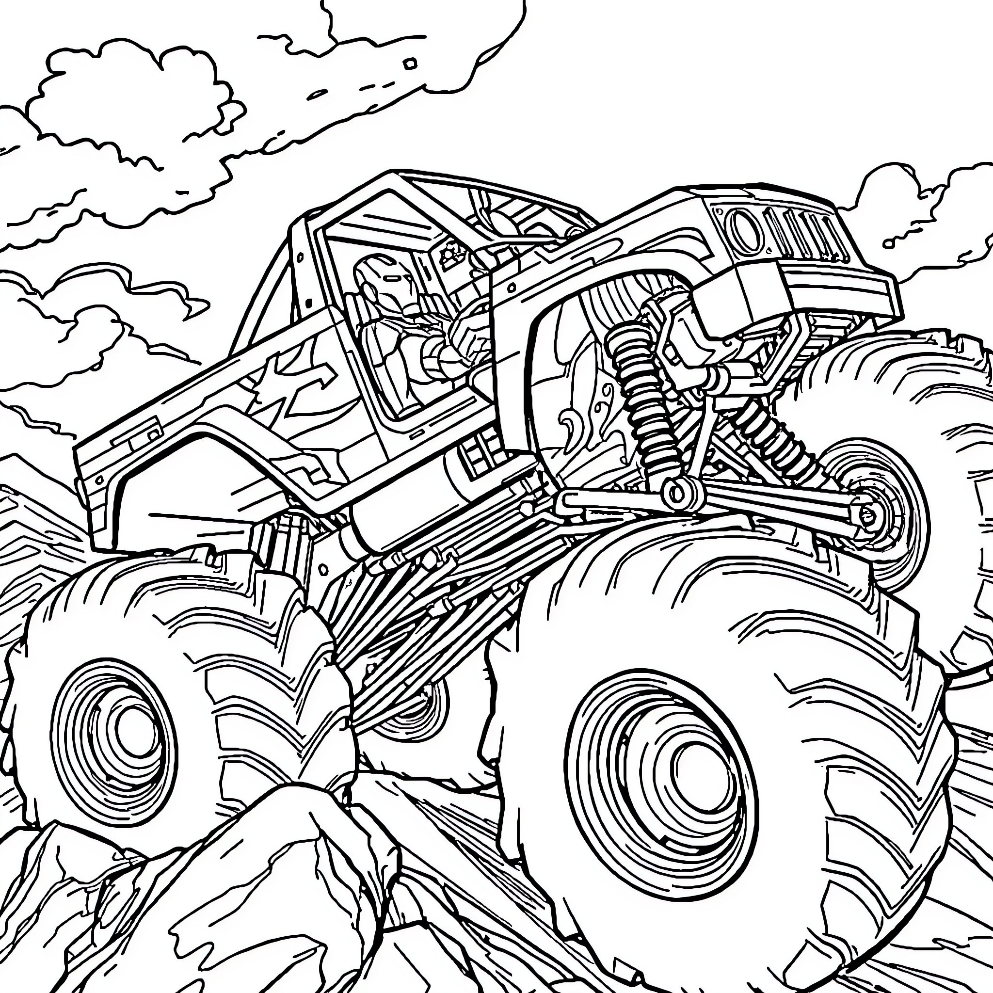 Ironman Monster Truck Crushing Through the Terrain Coloring Page (free black-and-white line drawing printable PDF for all, from beginners to advanced learners, including children, teens, adults, and seniors)