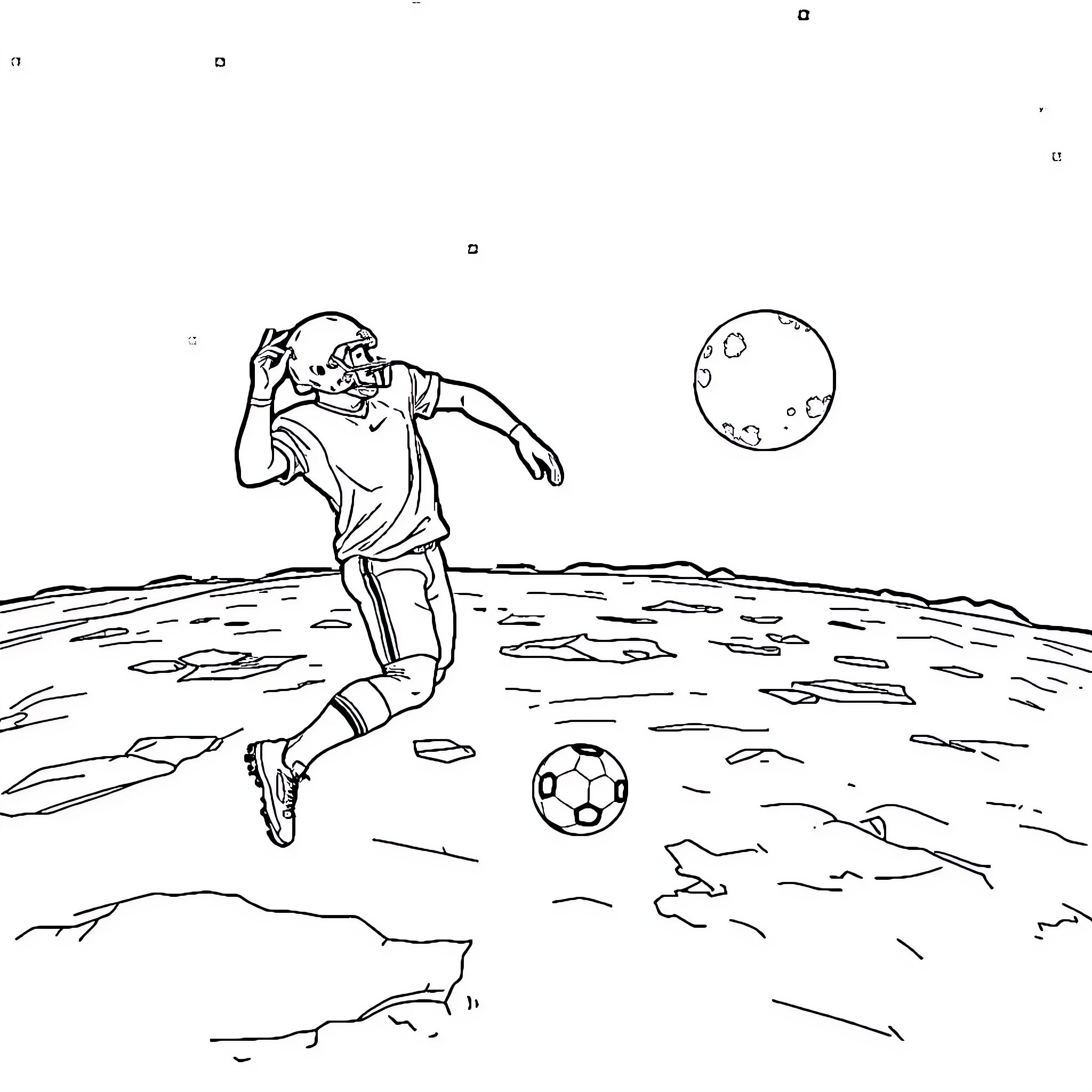 Footballer kicking ball under starry night sky Coloring Page (free black-and-white line drawing printable PDF for all, from beginners to advanced learners, including children, teens, adults, and seniors)