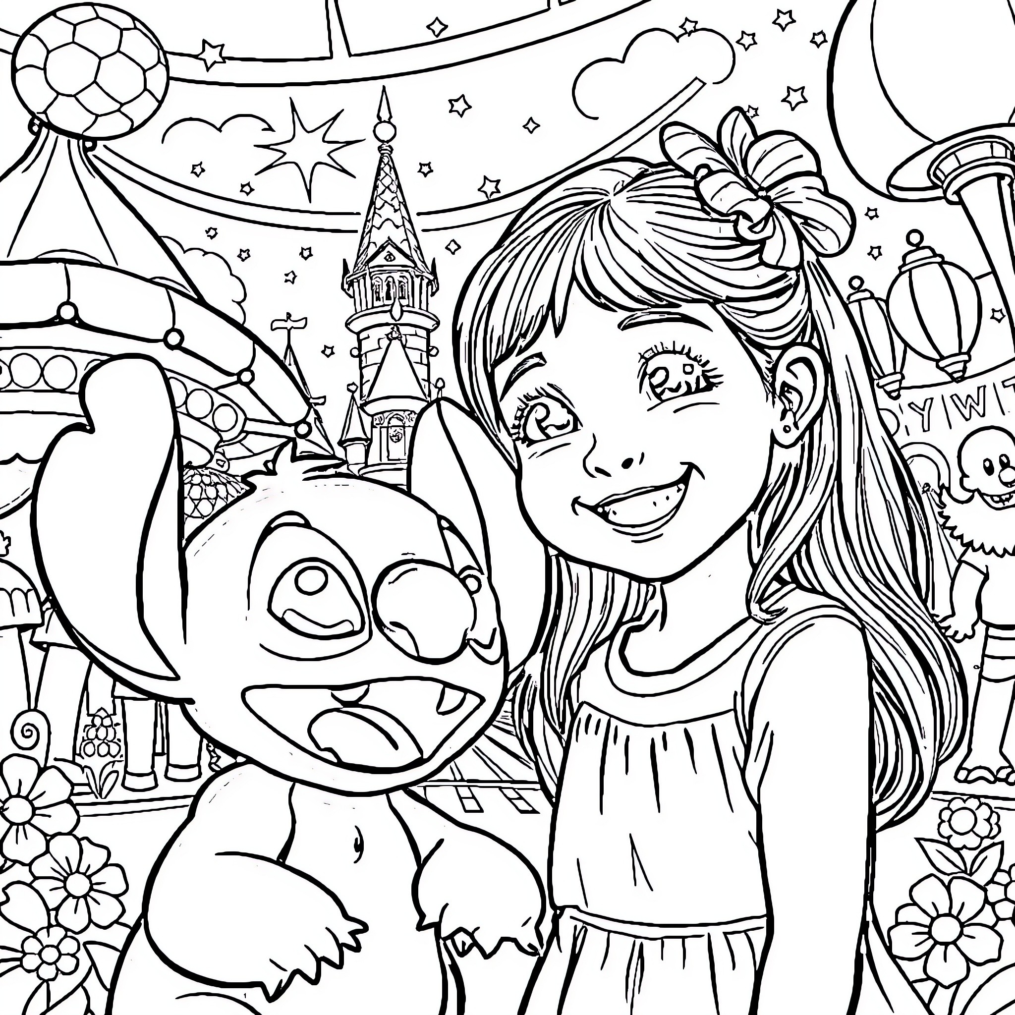 Girl happily embracing her friend in fantasy land Coloring Page (free black-and-white line drawing printable PDF for all, from beginners to advanced learners, including children, teens, adults, and seniors)