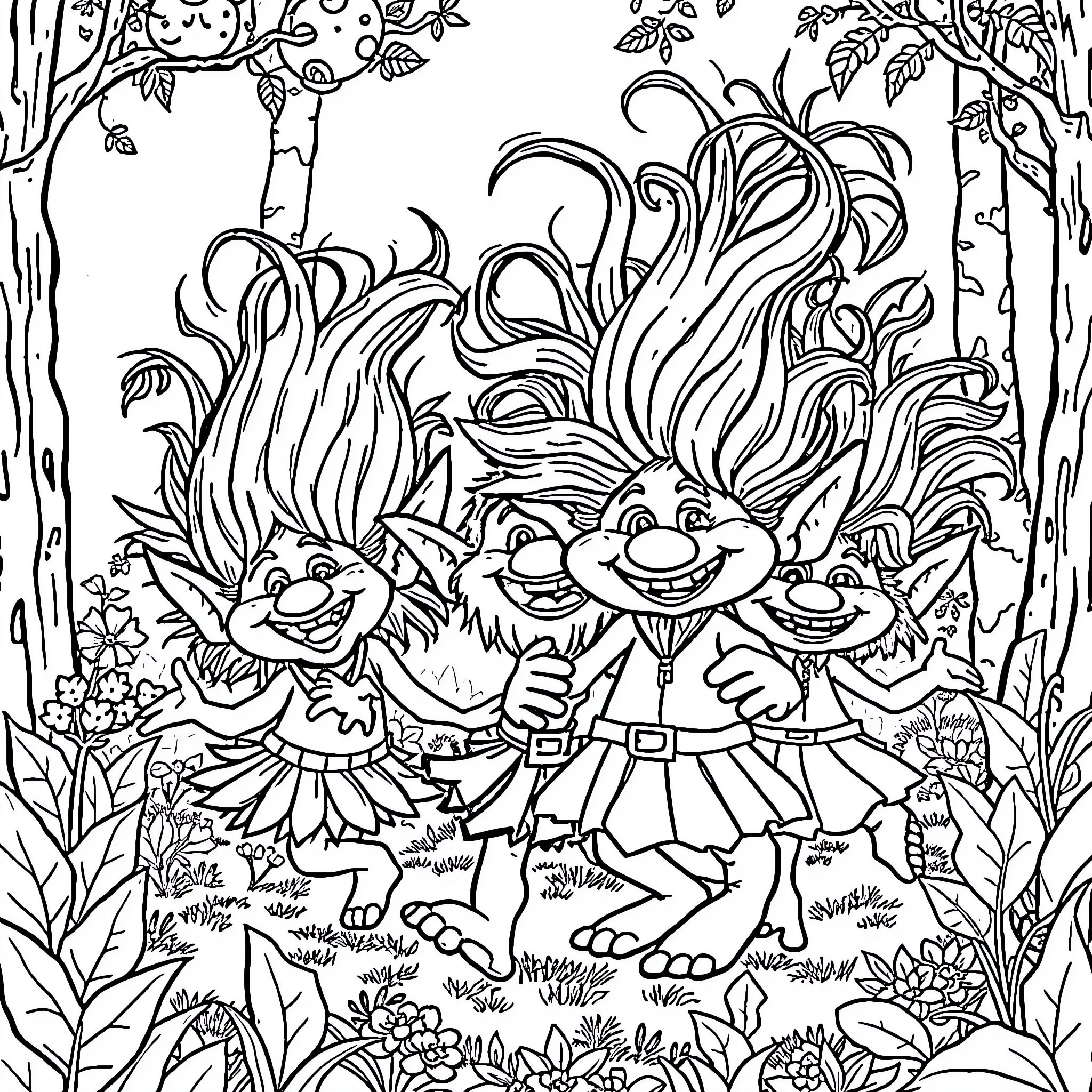 Troll friends exploring the enchanted forest Coloring Page (free black-and-white line drawing printable PDF for all, from beginners to advanced learners, including children, teens, adults, and seniors)