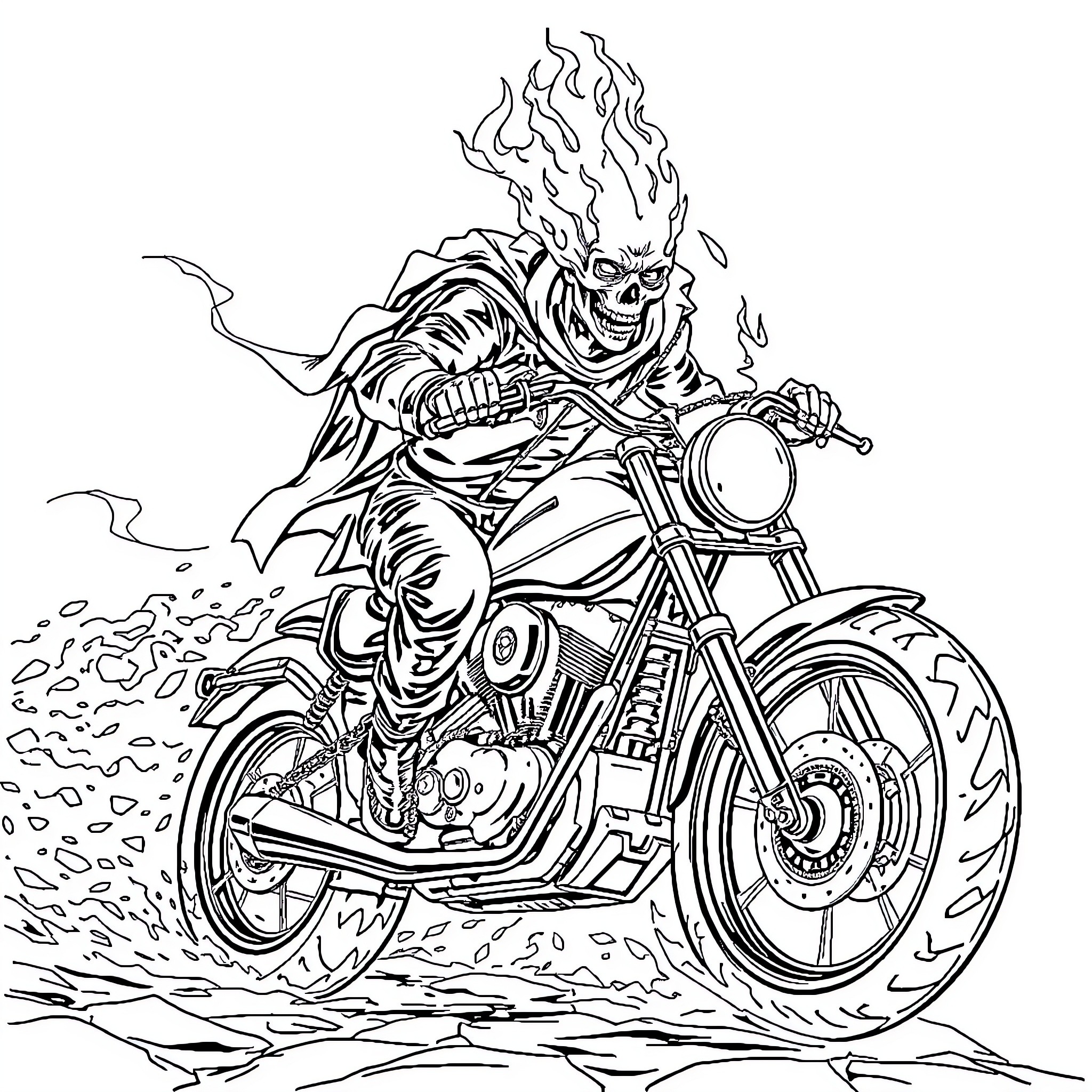 Ghost Rider speeding on a fiery motorcycle Coloring Page (free black-and-white line drawing printable PDF for all, from beginners to advanced learners, including children, teens, adults, and seniors)