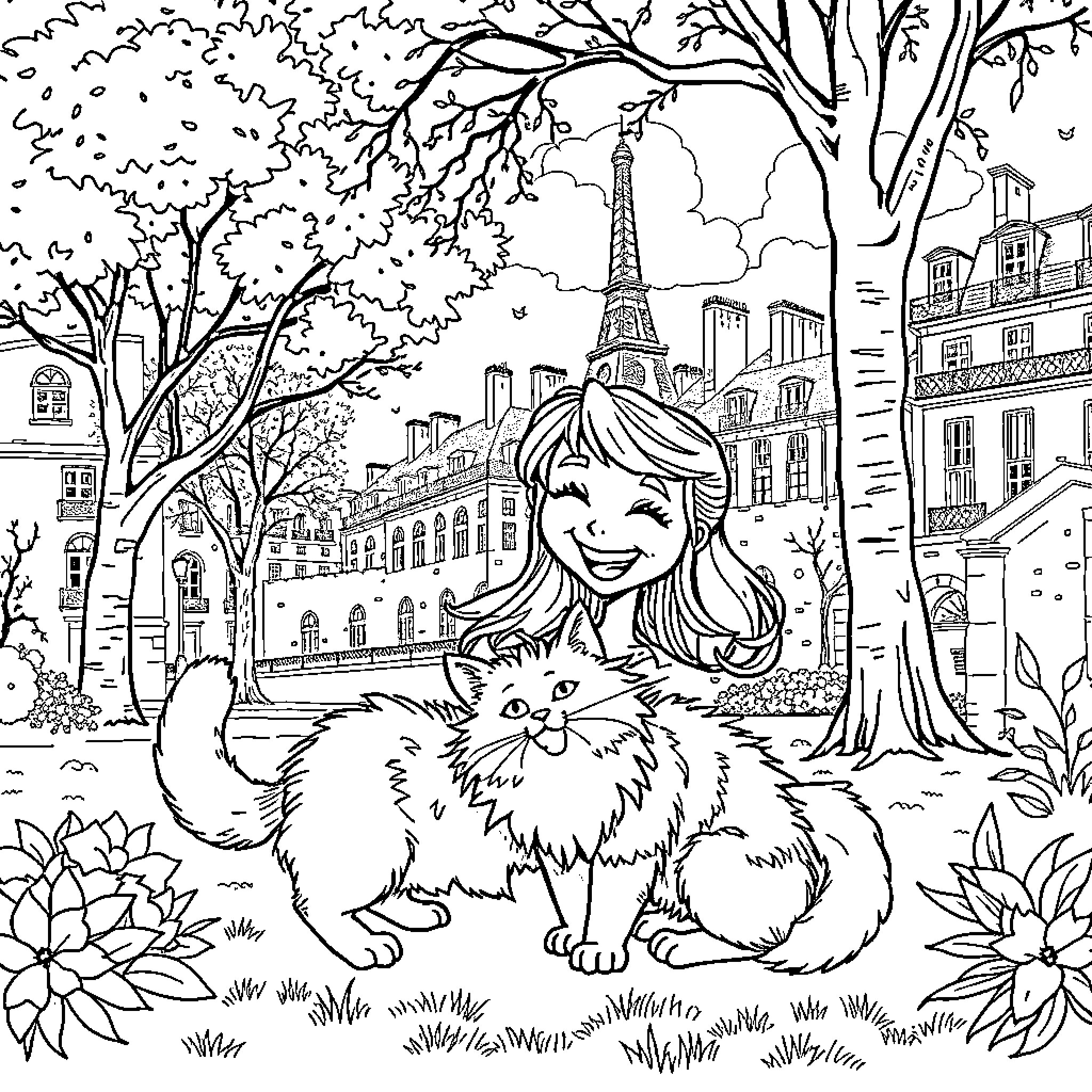 Gabychat's Parisian Stroll with a Feline Companion Coloring Page (free black-and-white line drawing printable PDF for all, from beginners to advanced learners, including children, teens, adults, and seniors)