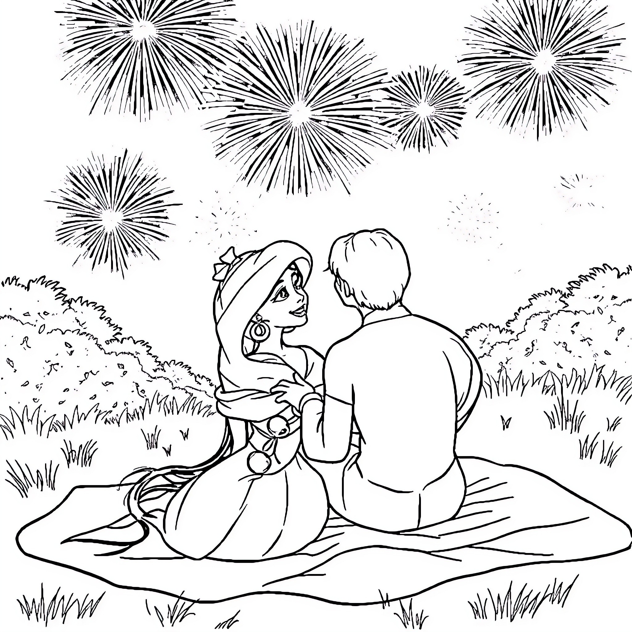 Princess Watching Fireworks with Prince Coloring Page (free black-and-white line drawing printable PDF for all, from beginners to advanced learners, including children, teens, adults, and seniors)