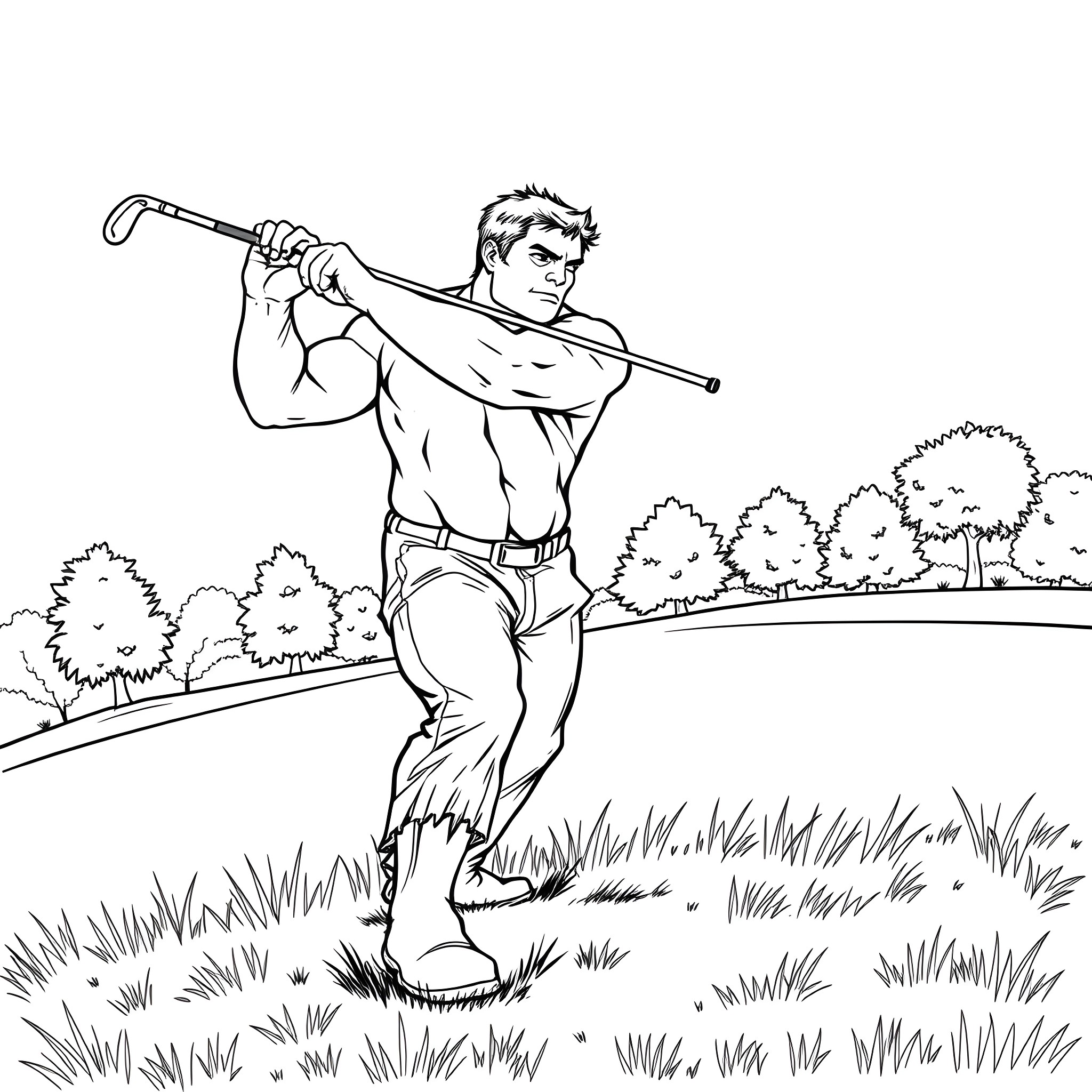 Hulk swinging a golf club in a lush outdoor setting Coloring Page (free black-and-white line drawing printable PDF for all, from beginners to advanced learners, including children, teens, adults, and seniors)