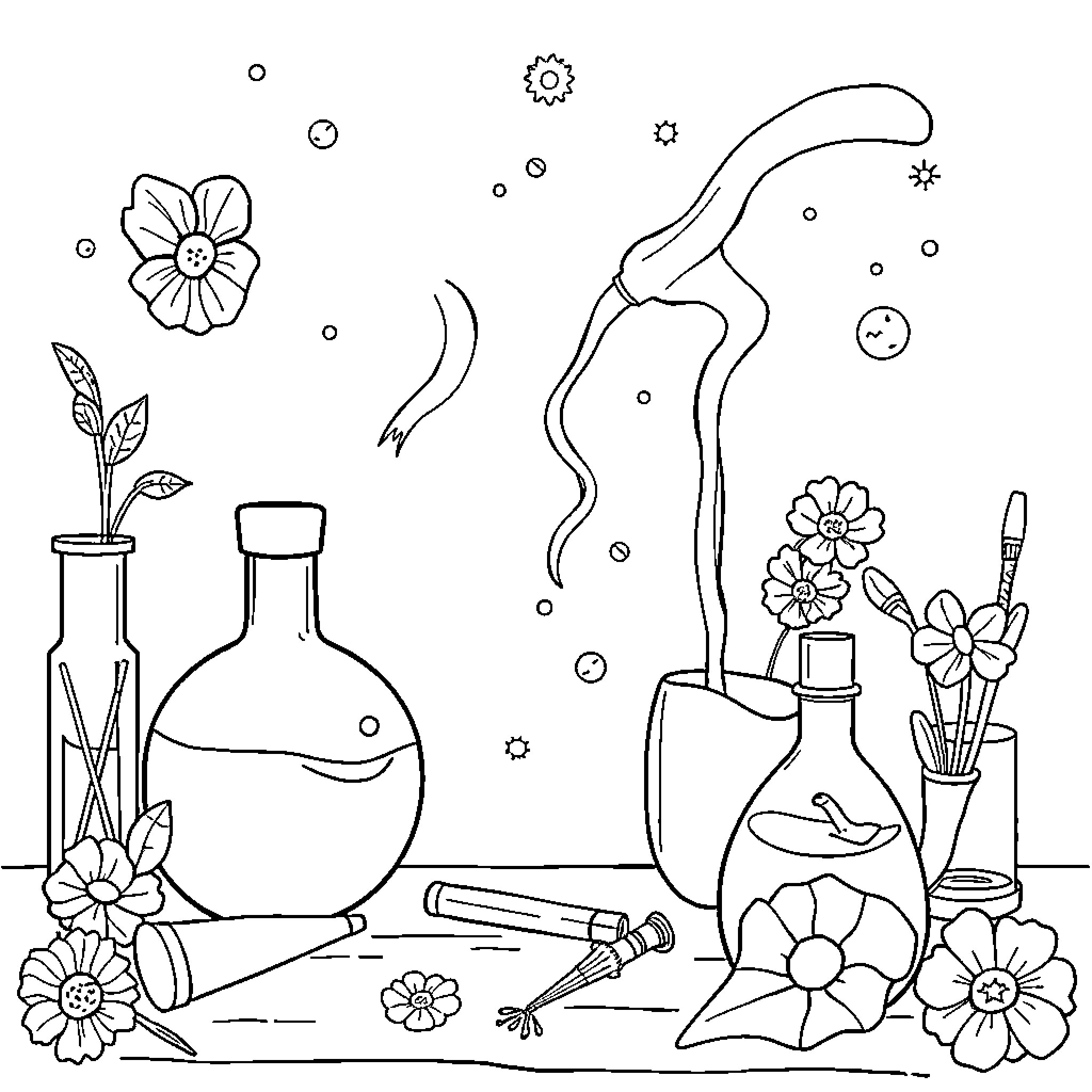 Science of Artistic Expression with Floral Motifs Coloring Page (free black-and-white line drawing printable PDF for all, from beginners to advanced learners, including children, teens, adults, and seniors)