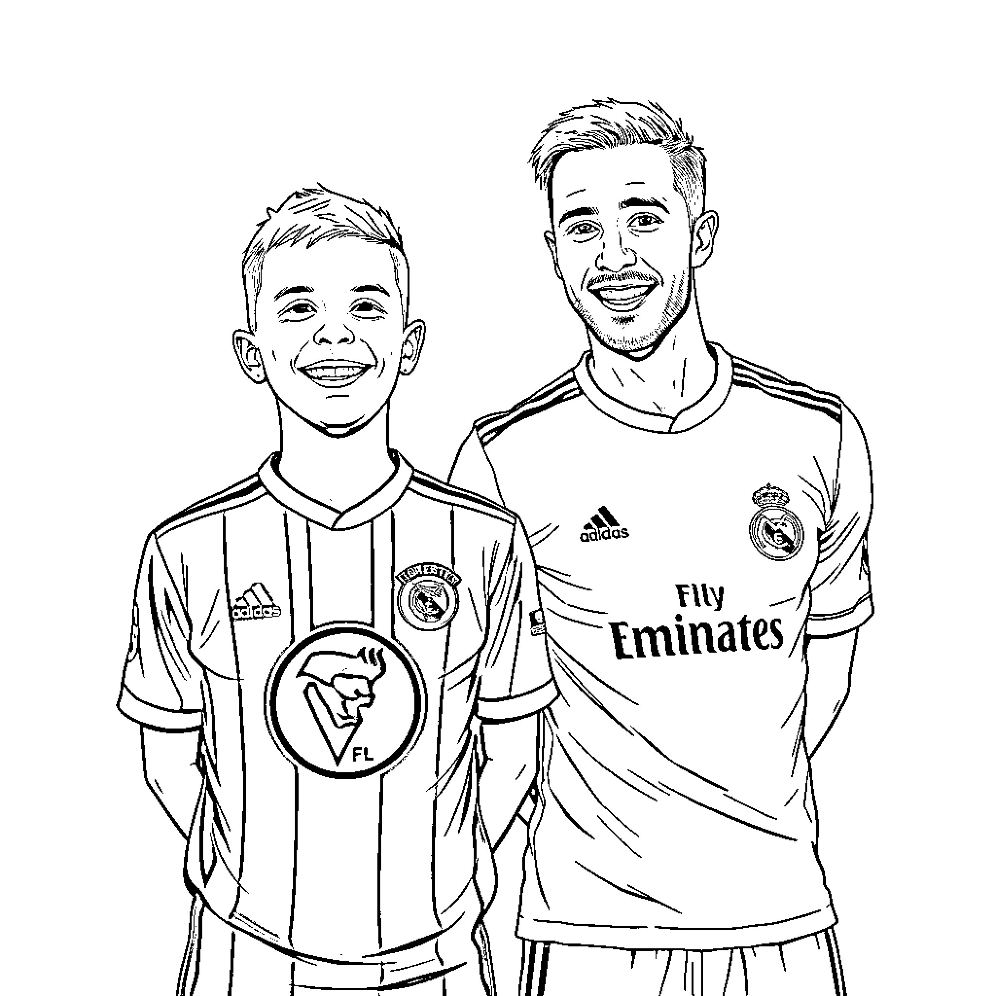 Jude Bellingham and teammate in sports uniforms Coloring Page (free black-and-white line drawing printable PDF for all, from beginners to advanced learners, including children, teens, adults, and seniors)