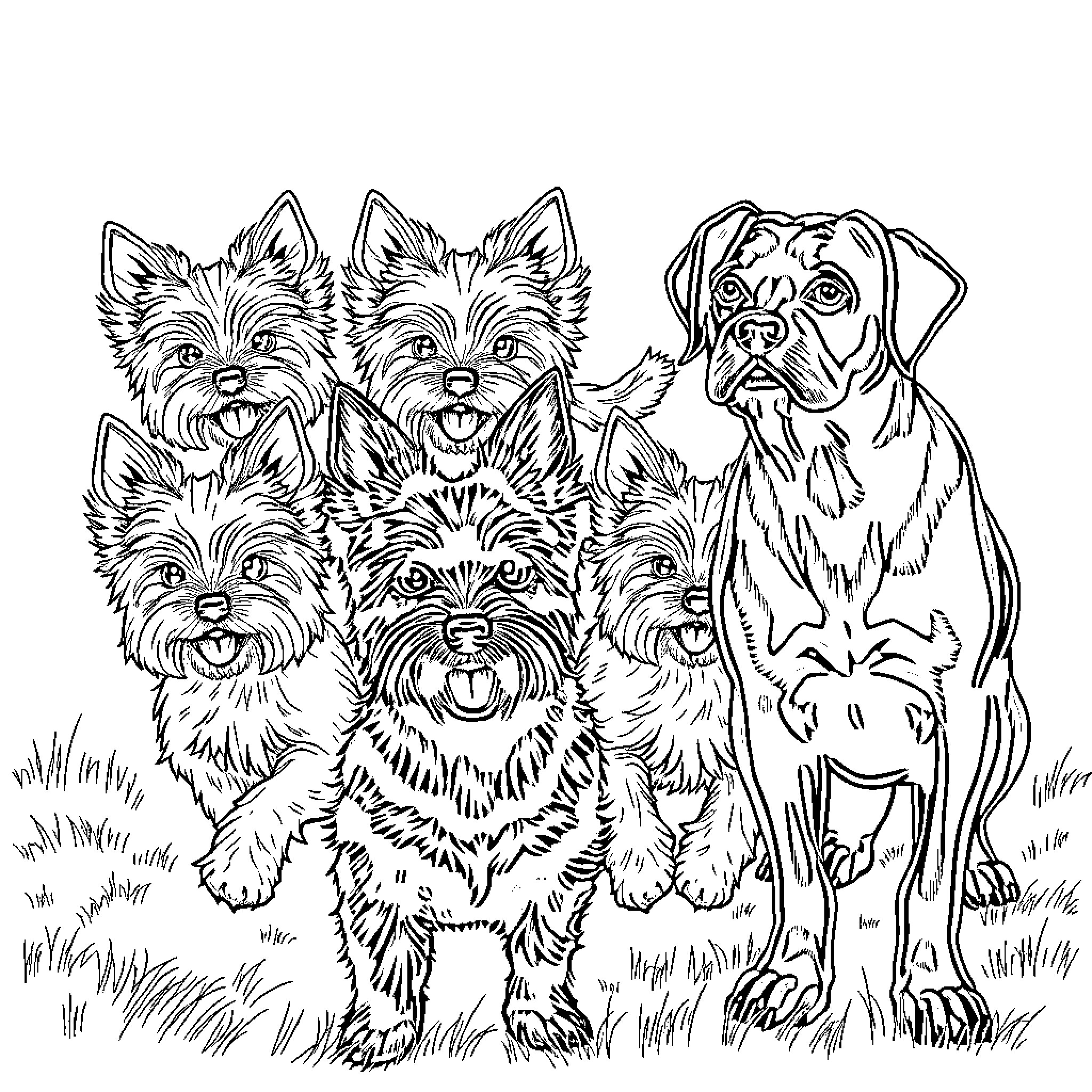 Yorkie dogs and their friend enjoying the outdoors Coloring Page (free black-and-white line drawing printable PDF for all, from beginners to advanced learners, including children, teens, adults, and seniors)