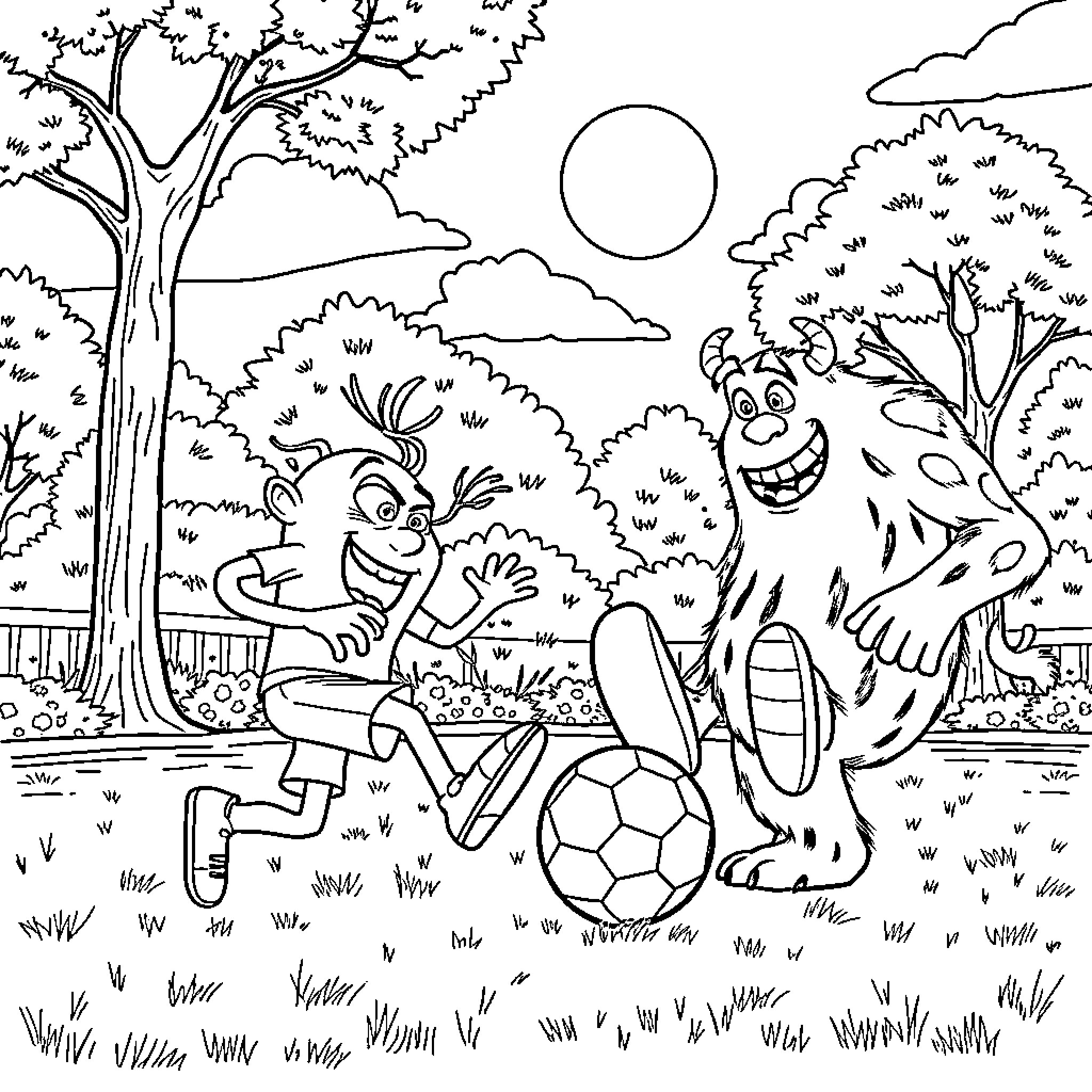 Mike playing soccer with a friendly monster in the park Coloring Page (free black-and-white line drawing printable PDF for all, from beginners to advanced learners, including children, teens, adults, and seniors)