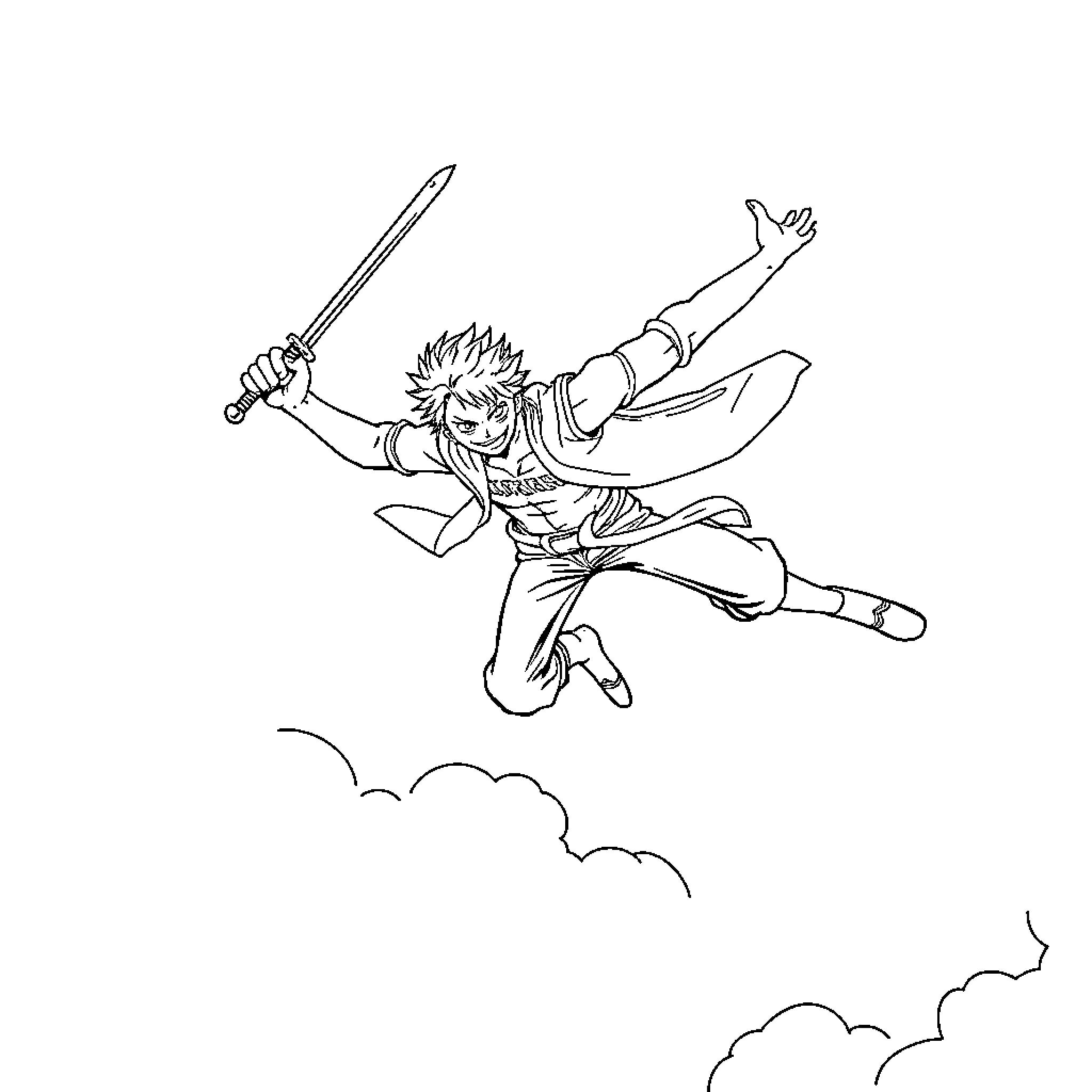 Zoro jumping through the air wielding a sword Coloring Page (free black-and-white line drawing printable PDF for all, from beginners to advanced learners, including children, teens, adults, and seniors)
