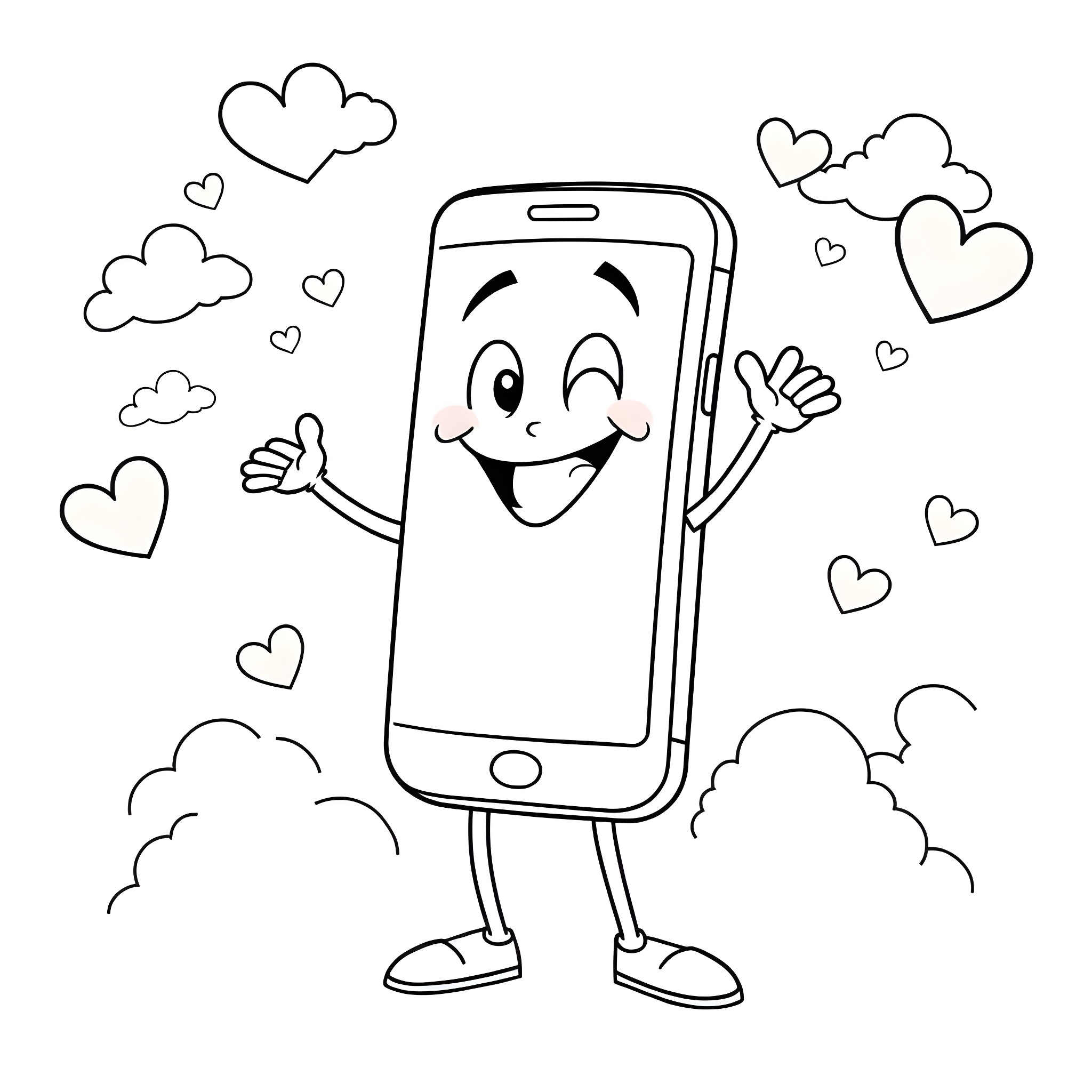 Cellphone character waving happily with hearts Coloring Page (free black-and-white line drawing printable PDF for all, from beginners to advanced learners, including children, teens, adults, and seniors)