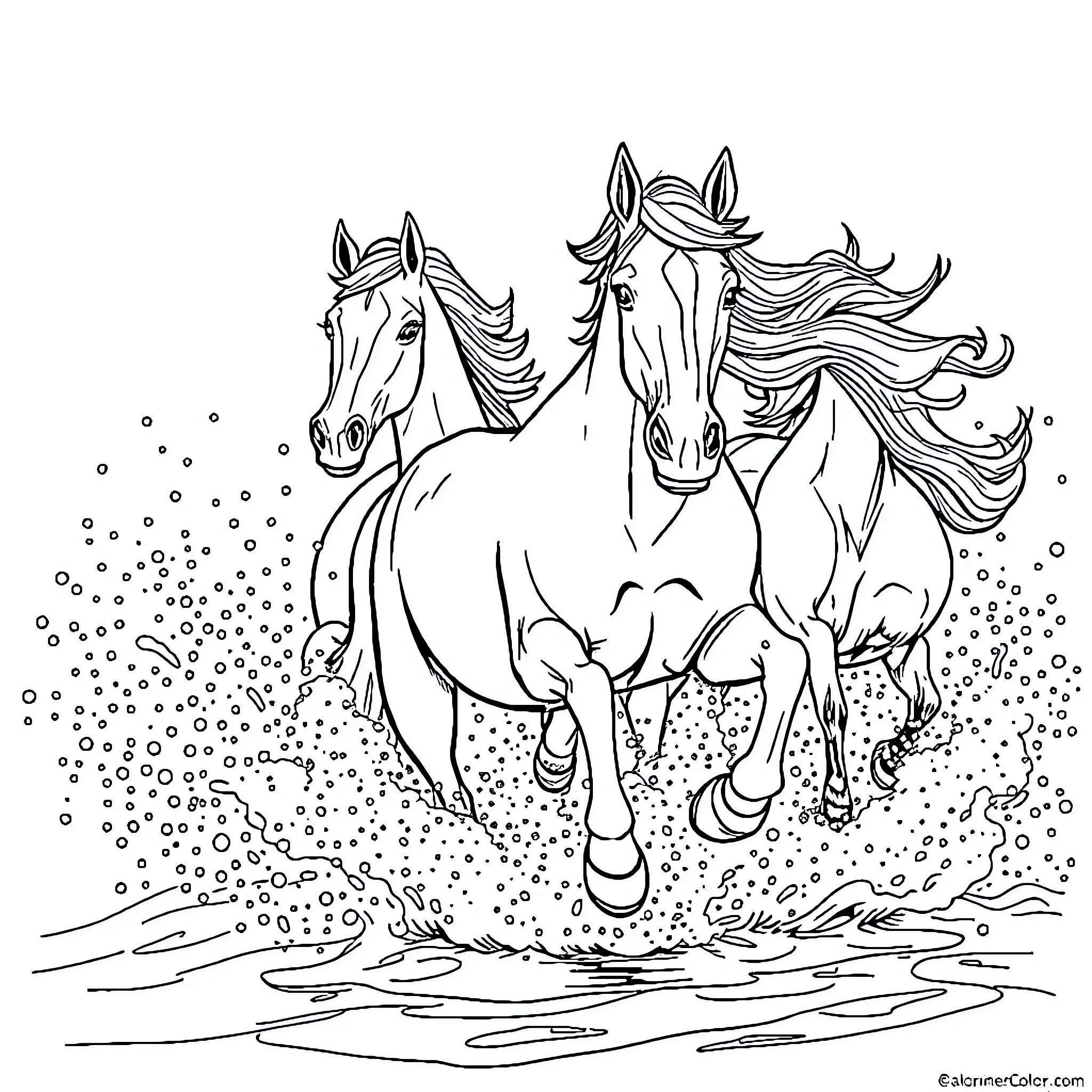 Horse Galloping Through Snowy Meadow Coloring Page (free black-and-white line drawing printable PDF for all, from beginners to advanced learners, including children, teens, adults, and seniors)