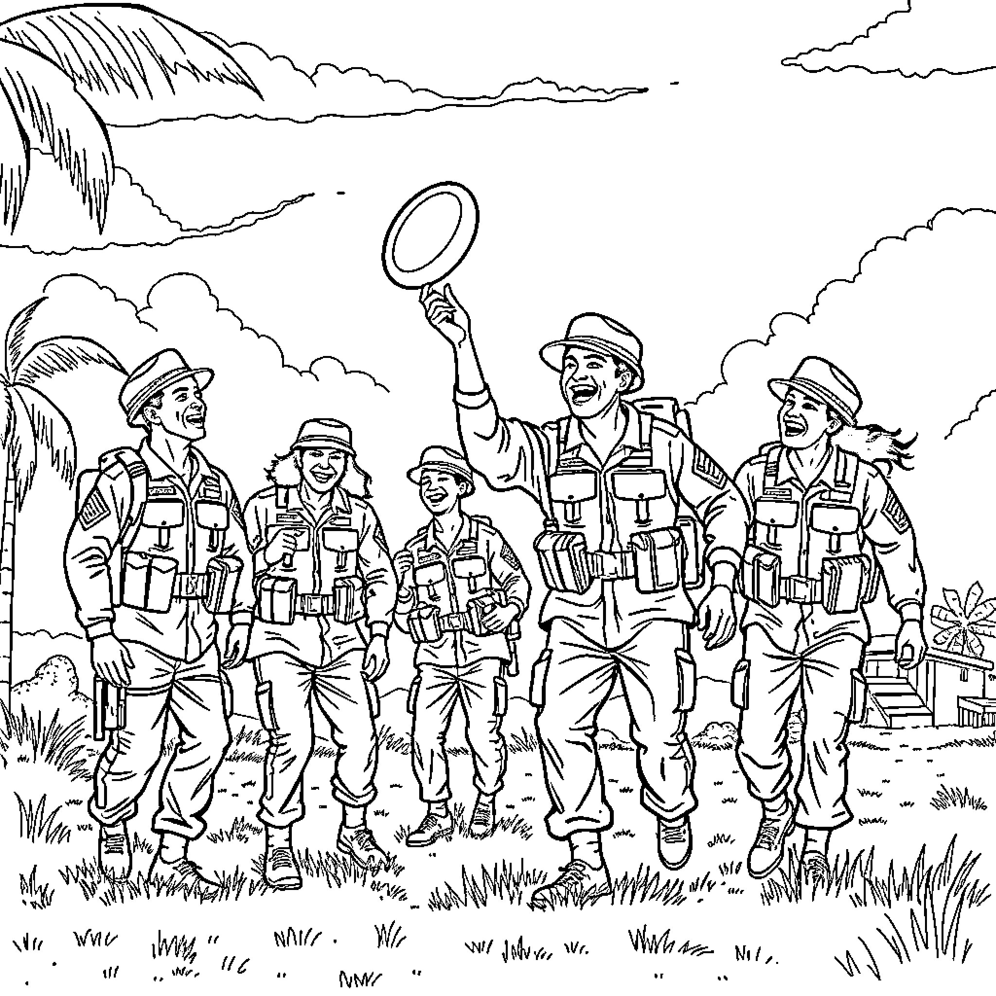 Marine Squad Exploring Rugged Terrain Coloring Page (free black-and-white line drawing printable PDF for all, from beginners to advanced learners, including children, teens, adults, and seniors)