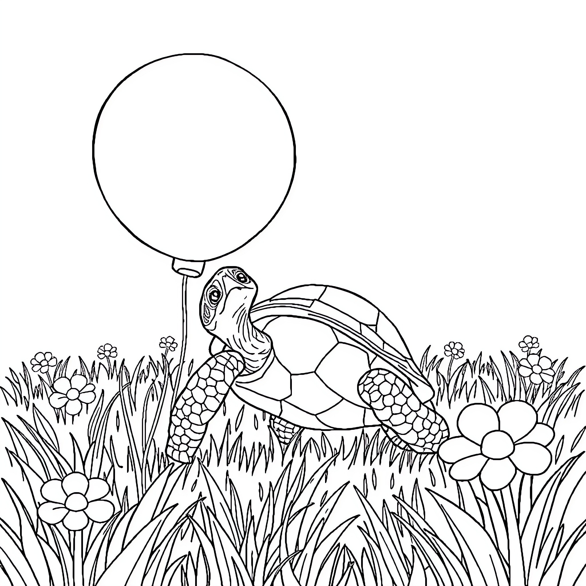 Turtle with balloon in floral garden Coloring Page (free black-and-white line drawing printable PDF for all, from beginners to advanced learners, including children, teens, adults, and seniors)