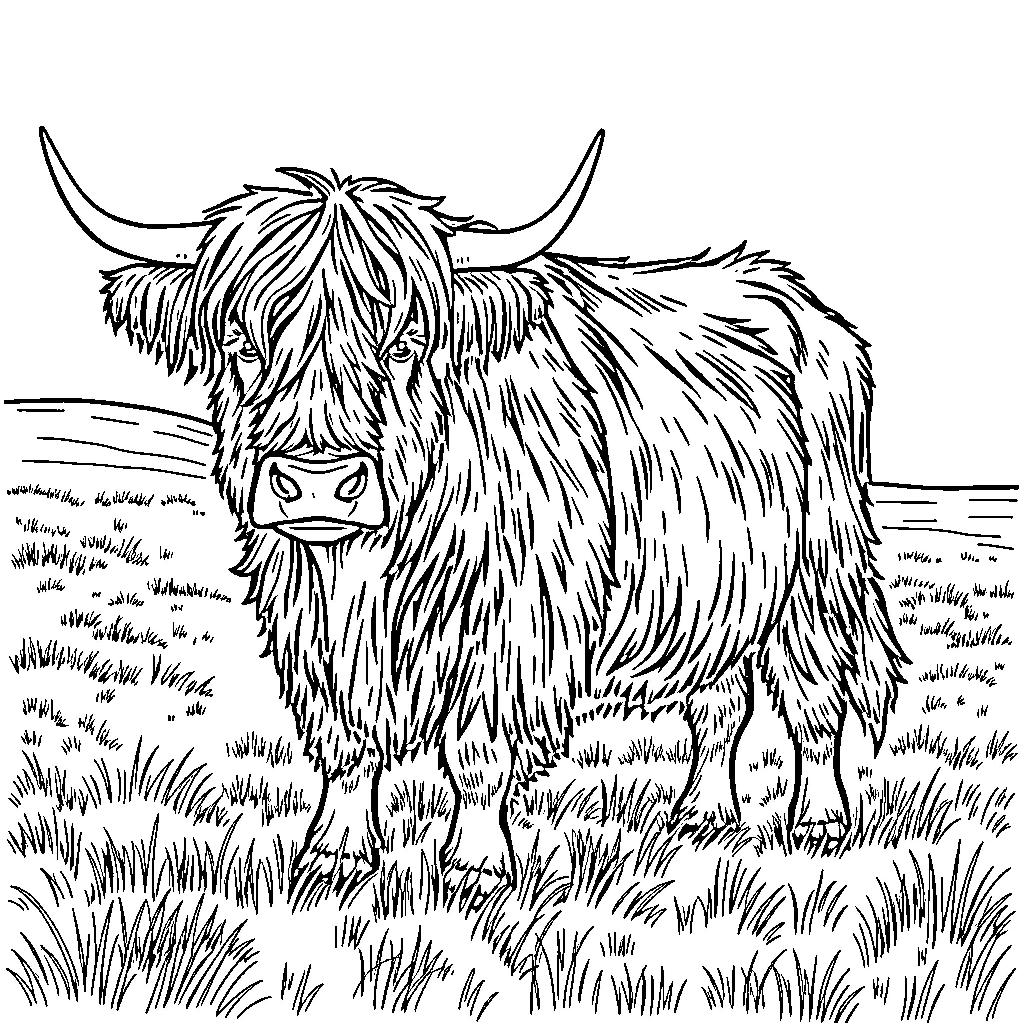 Highland Cow Grazing Peacefully in the Meadow Coloring Page (free black-and-white line drawing printable PDF for all, from beginners to advanced learners, including children, teens, adults, and seniors)