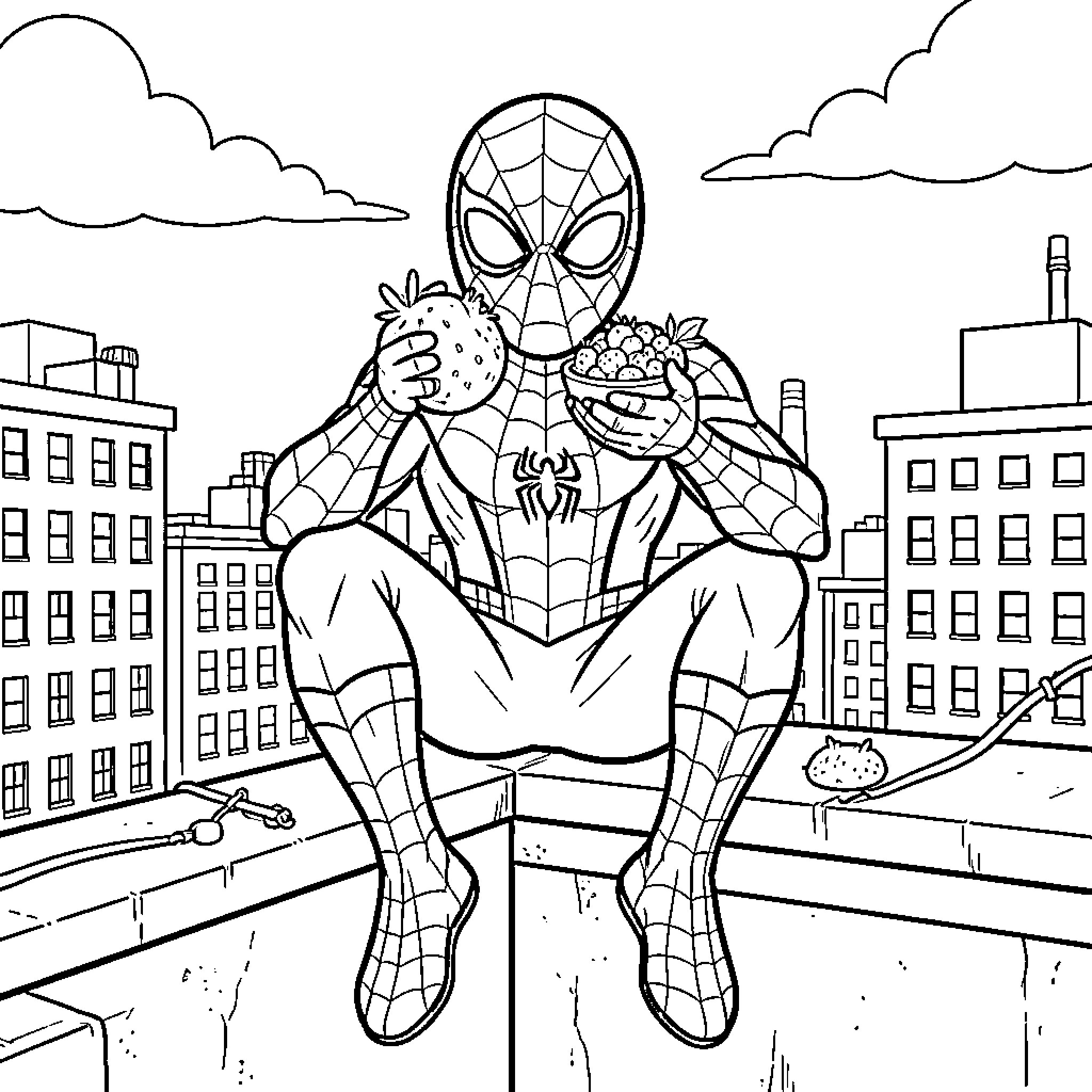 Spiderman enjoying snacks on a city rooftop Coloring Page (free black-and-white line drawing printable PDF for all, from beginners to advanced learners, including children, teens, adults, and seniors)