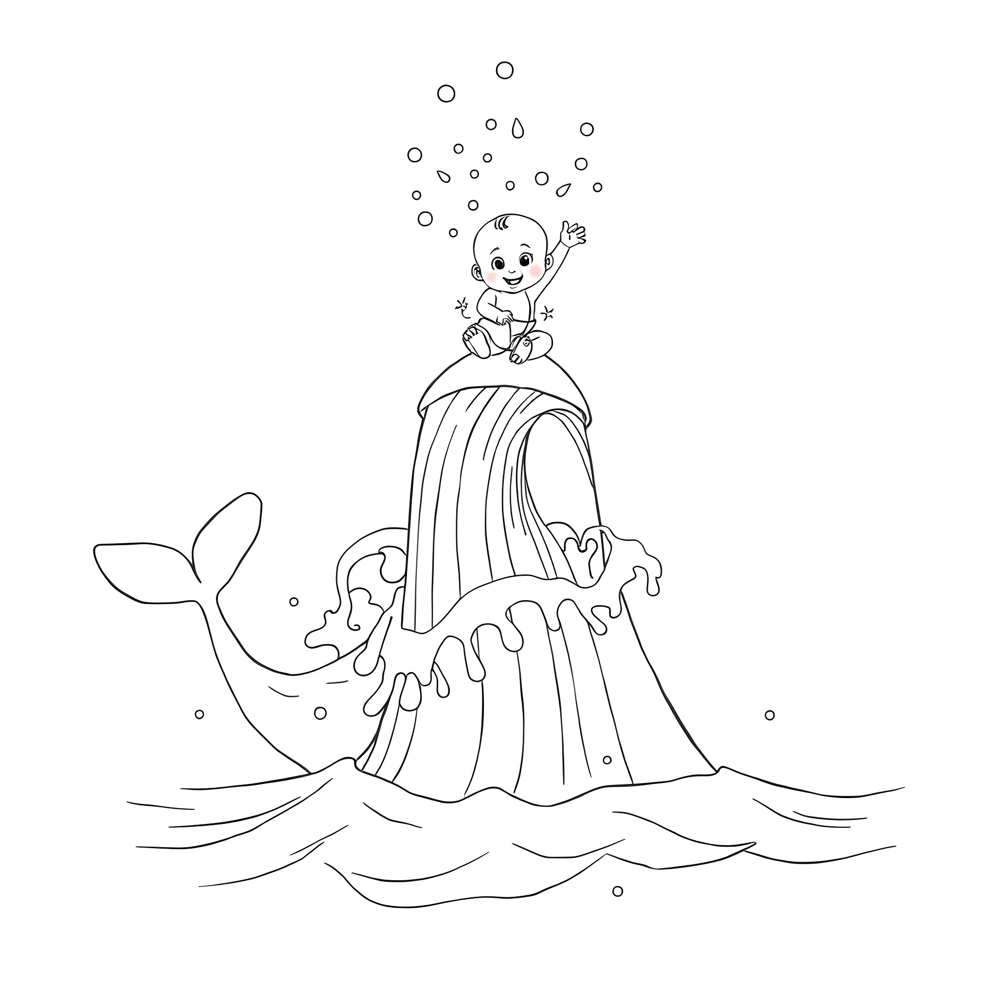 Baby playing with sea creatures in the water Coloring Page (free black-and-white line drawing printable PDF for all, from beginners to advanced learners, including children, teens, adults, and seniors)