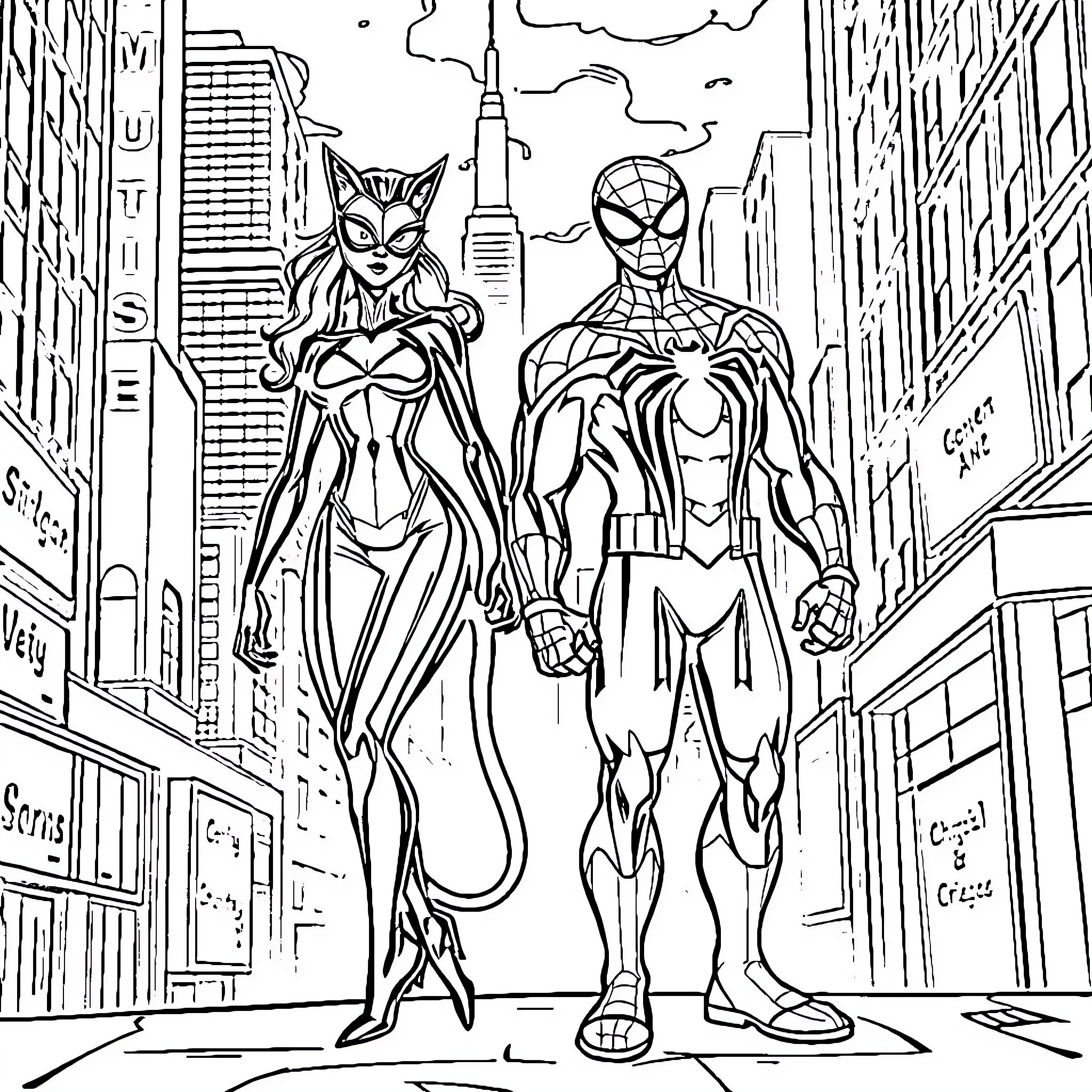 Cat superheroes patrol the city streets Coloring Page (free black-and-white line drawing printable PDF for all, from beginners to advanced learners, including children, teens, adults, and seniors)