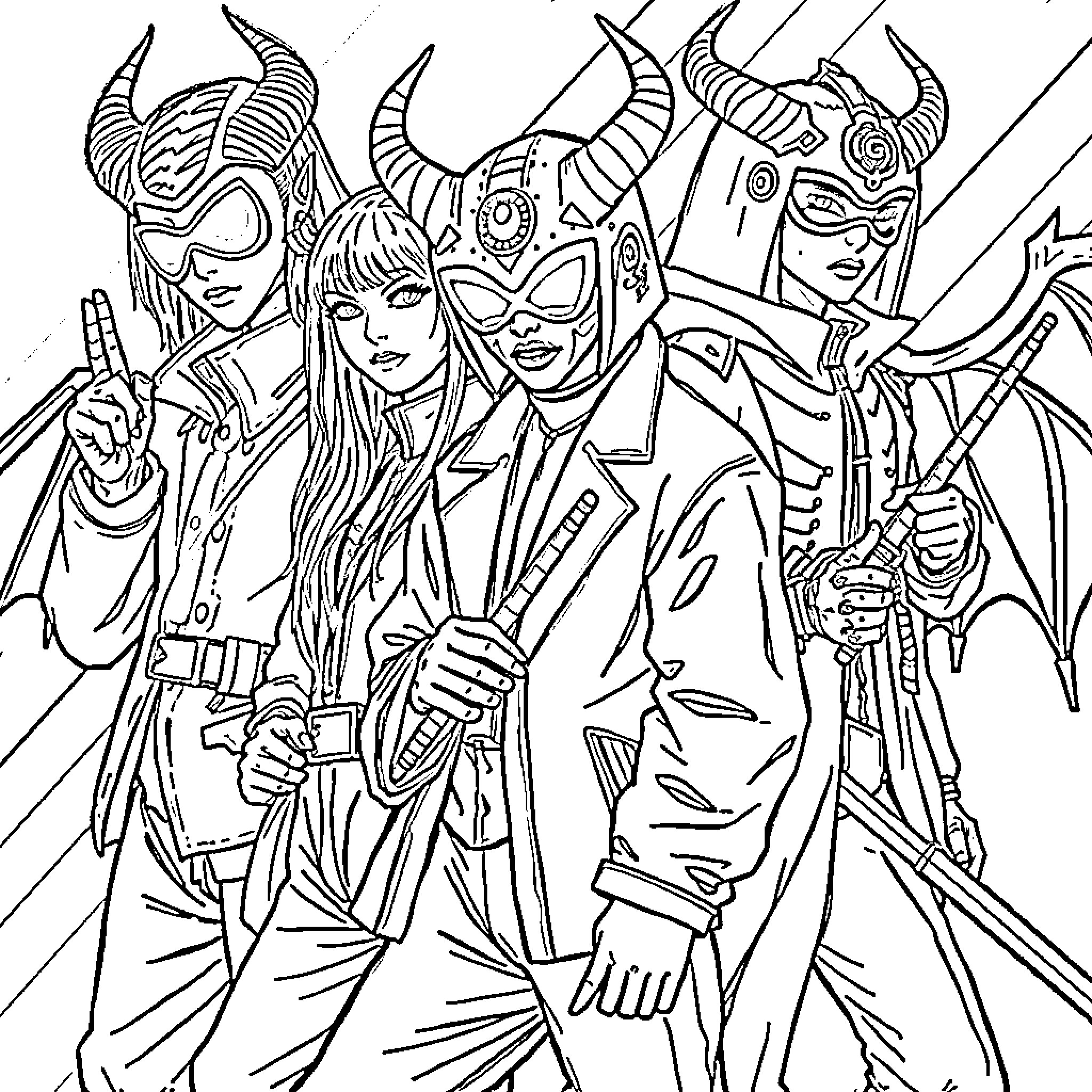 Demon Hunter Squad Wielding Mighty Blades Coloring Page (free black-and-white line drawing printable PDF for all, from beginners to advanced learners, including children, teens, adults, and seniors)