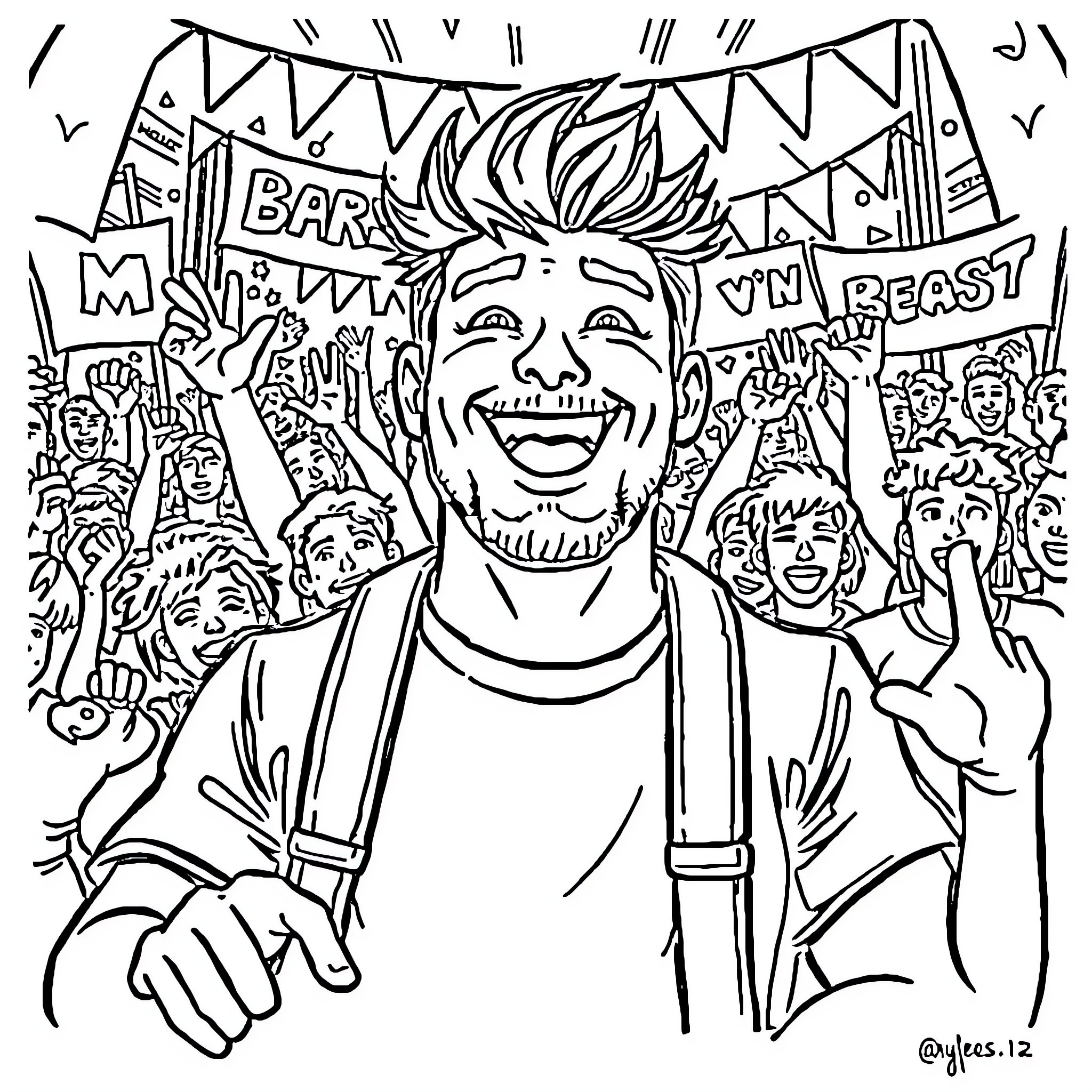 MrBeast Celebrating With Enthusiastic Crowd Coloring Page (free black-and-white line drawing printable PDF for all, from beginners to advanced learners, including children, teens, adults, and seniors)