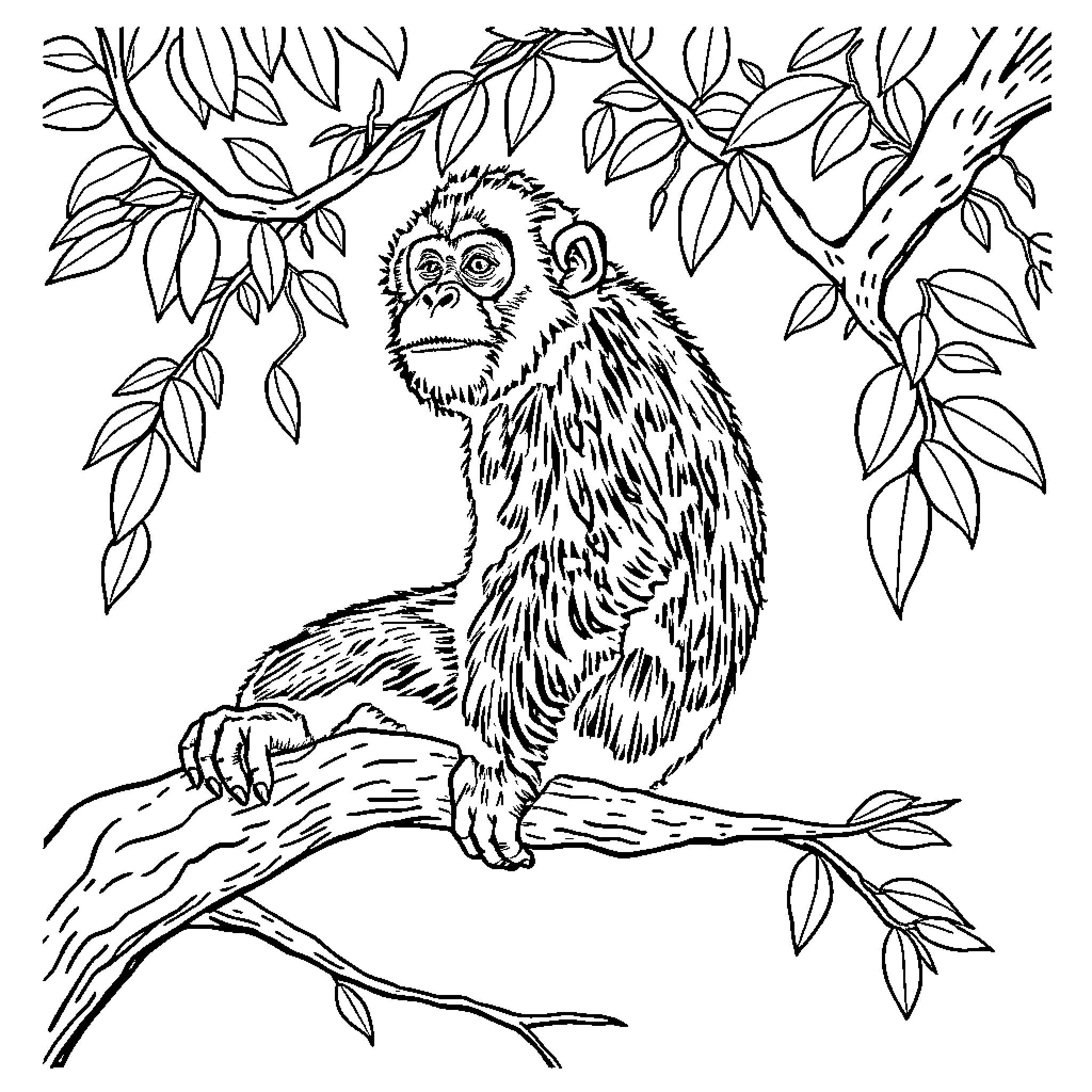 Ape sitting calmly on a tree branch Coloring Page (free black-and-white line drawing printable PDF for all, from beginners to advanced learners, including children, teens, adults, and seniors)