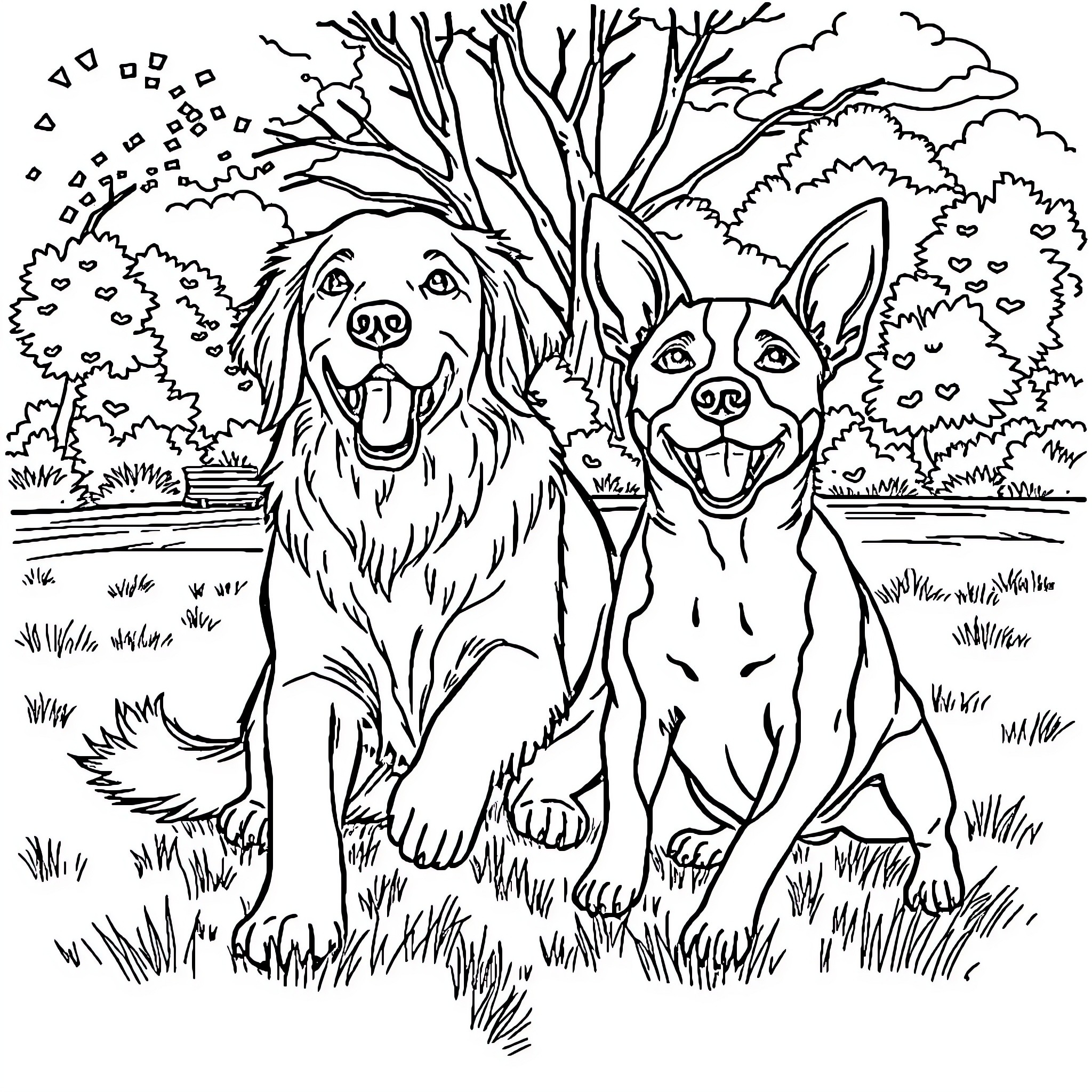 Dog friends enjoying the outdoors Coloring Page (free black-and-white line drawing printable PDF for all, from beginners to advanced learners, including children, teens, adults, and seniors)