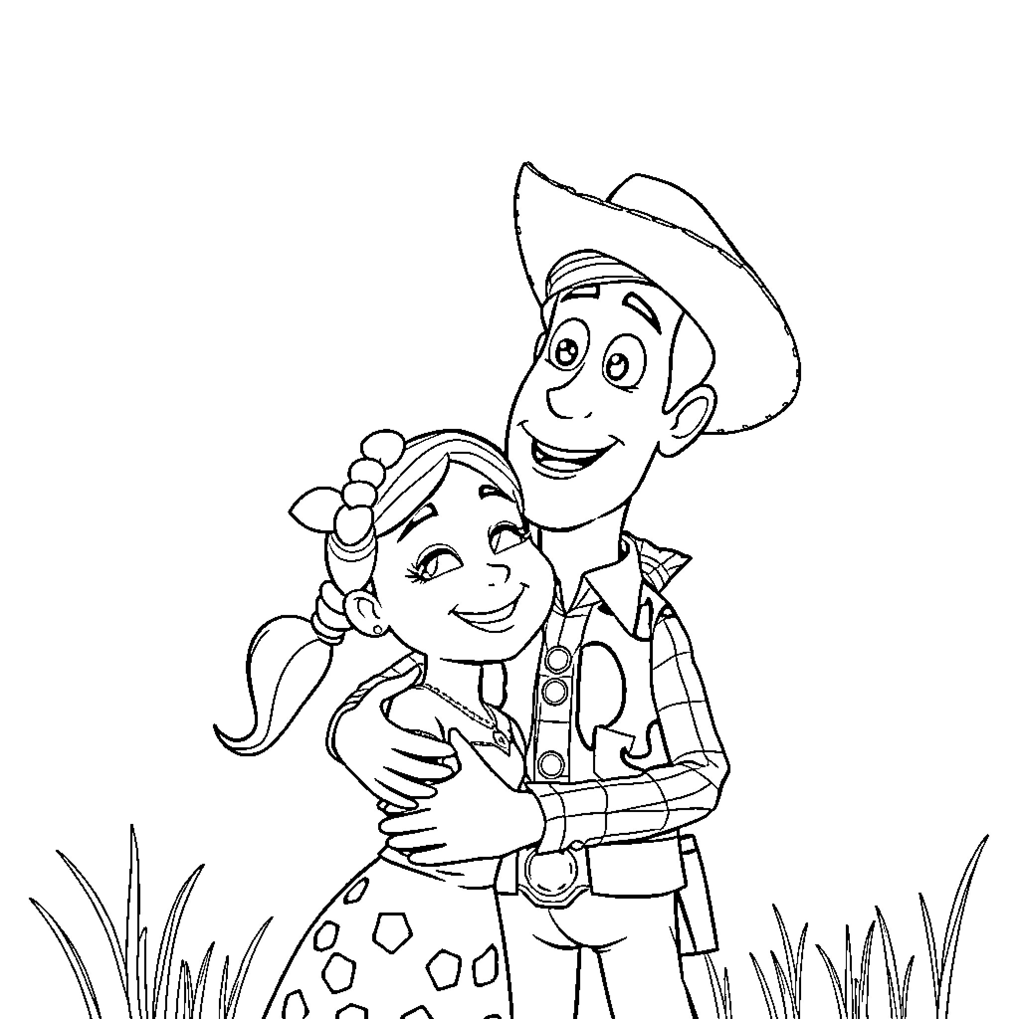 Woody and Jessie's Friendly Embrace Coloring Page (free black-and-white line drawing printable PDF for all, from beginners to advanced learners, including children, teens, adults, and seniors)