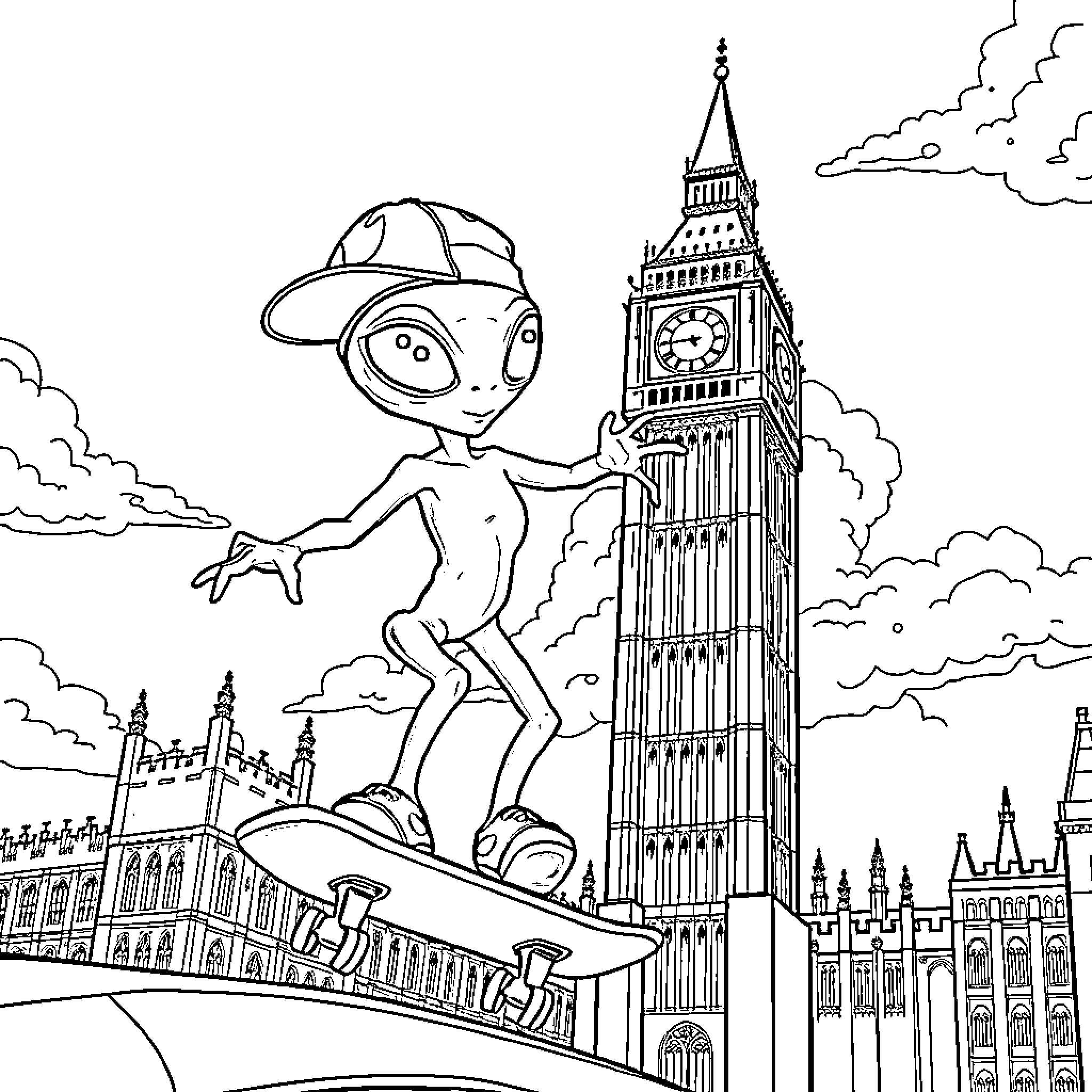 Alien exploring the wonders of the city Coloring Page (free black-and-white line drawing printable PDF for all, from beginners to advanced learners, including children, teens, adults, and seniors)