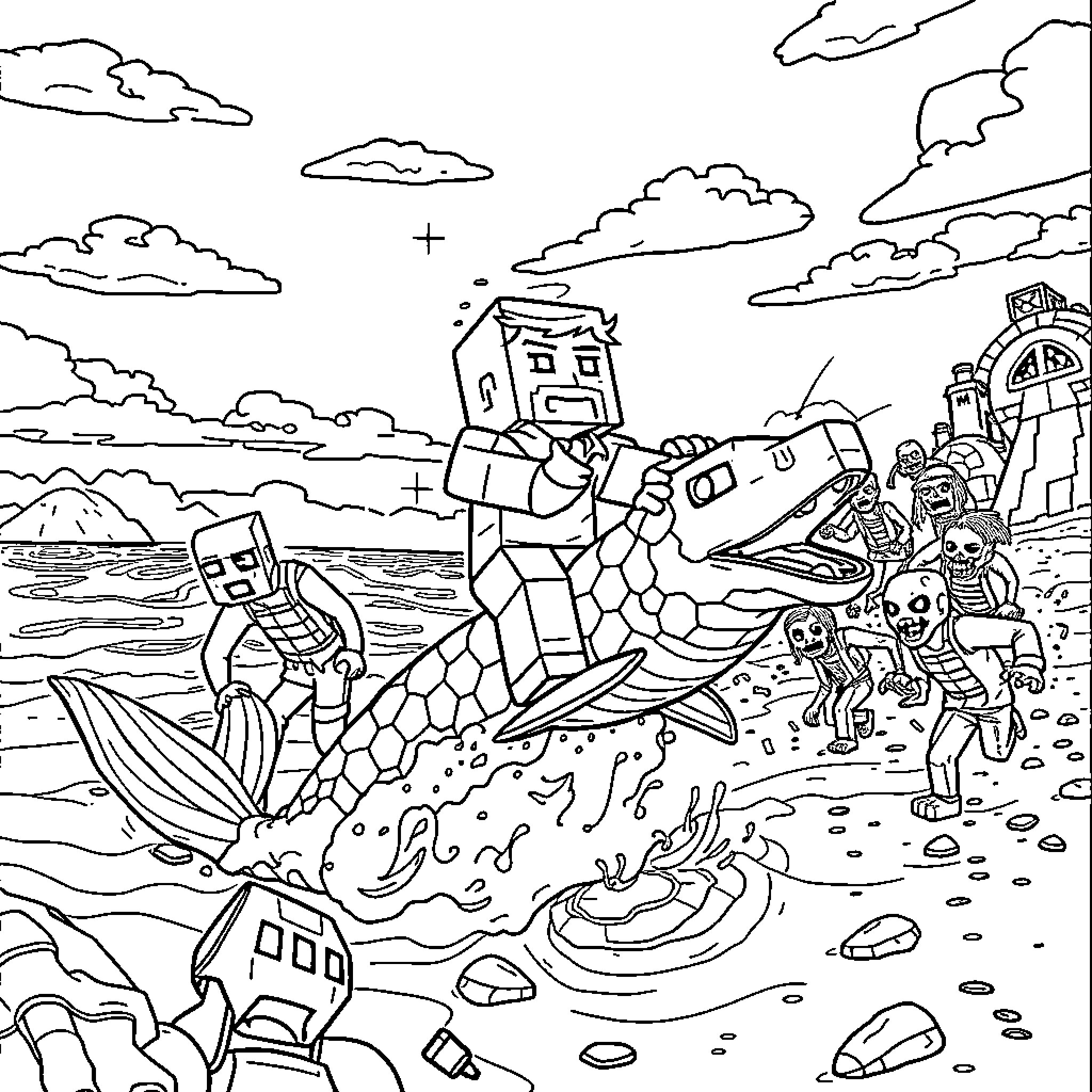 Steve's Underwater Adventure with Fantastical Creatures Coloring Page (free black-and-white line drawing printable PDF for all, from beginners to advanced learners, including children, teens, adults, and seniors)