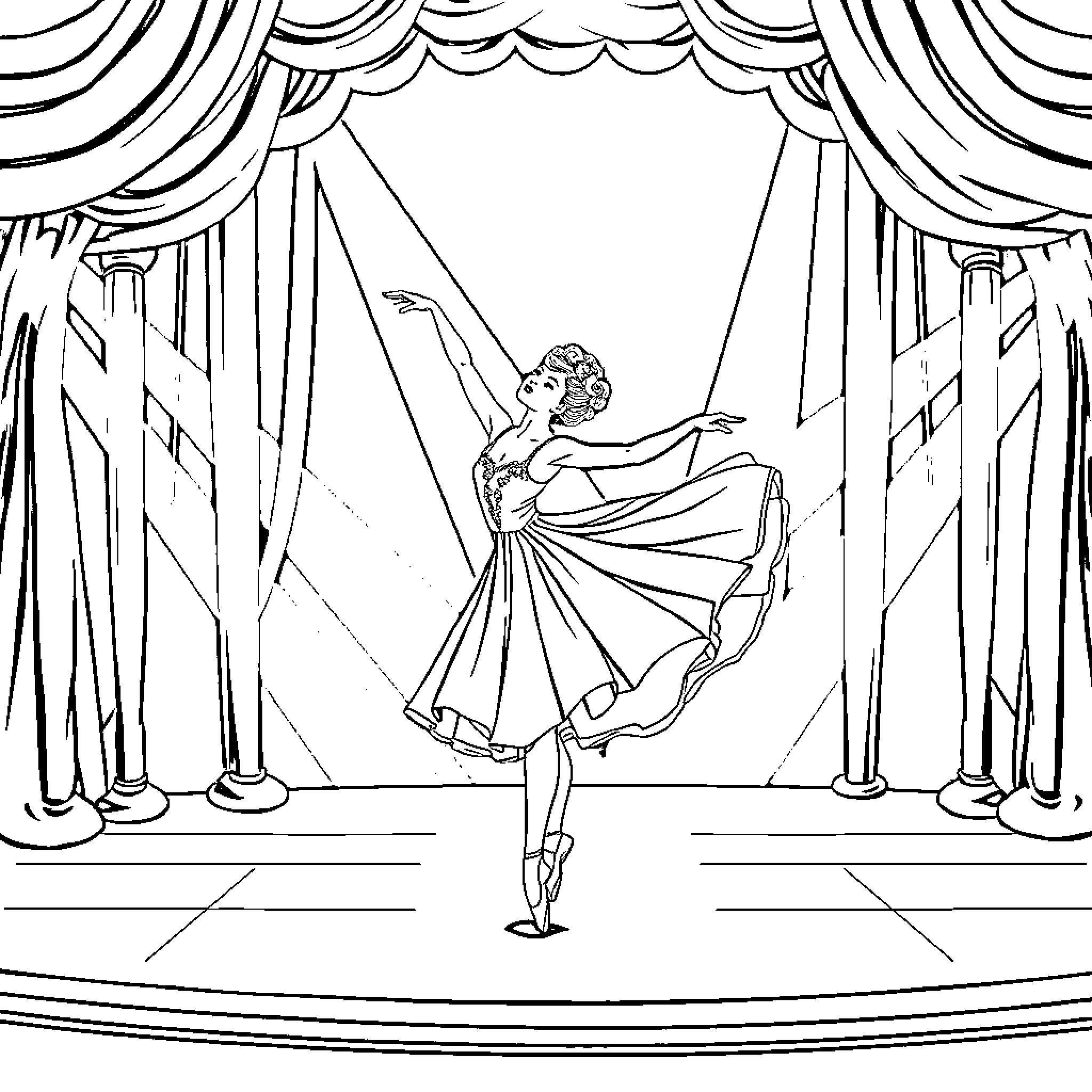 Ballerina gracefully performing on stage Coloring Page (free black-and-white line drawing printable PDF for all, from beginners to advanced learners, including children, teens, adults, and seniors)